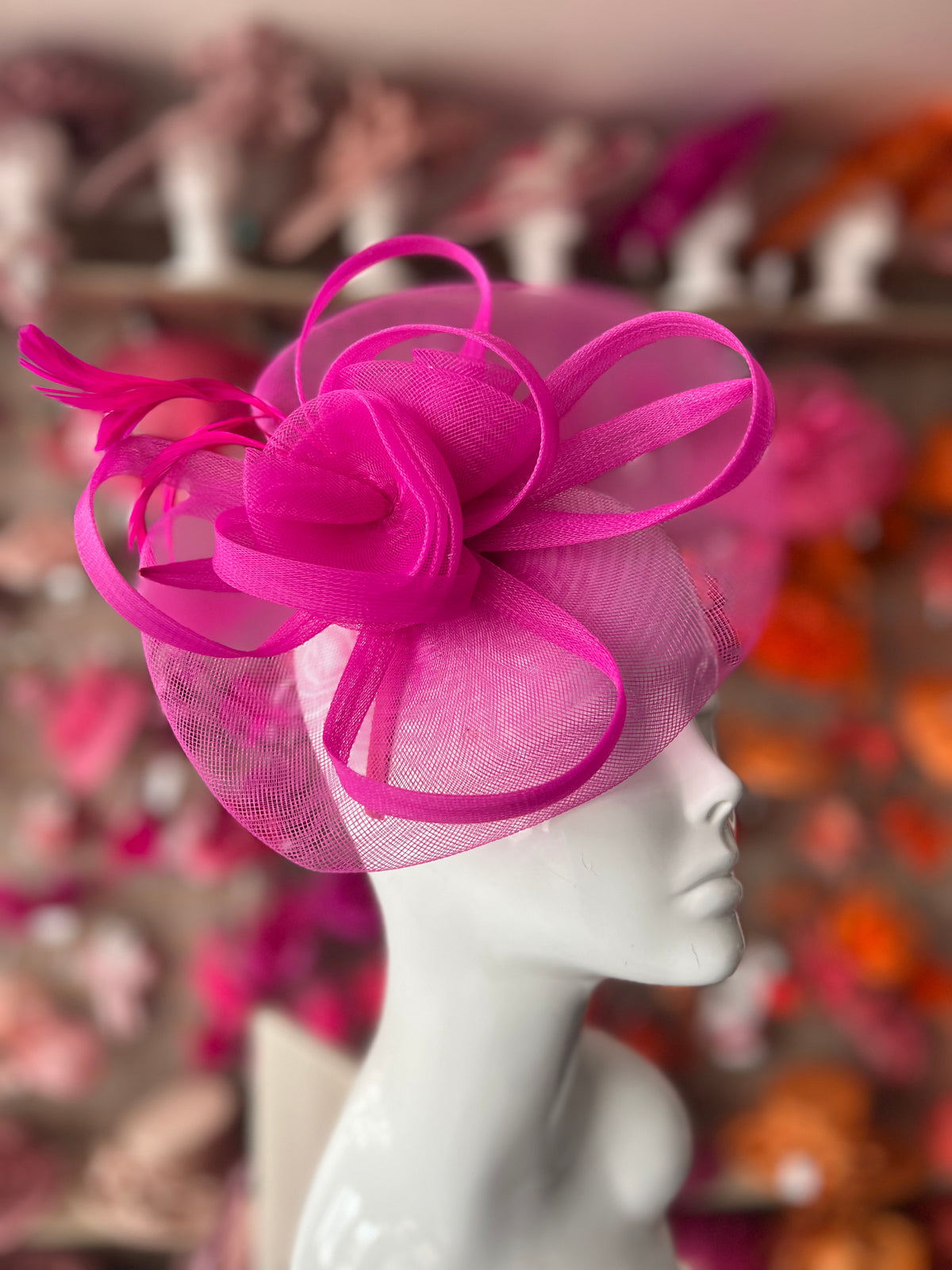 Fuchsia Pink Crinoline Saucer Fascinator With Loops &amp; Feathers