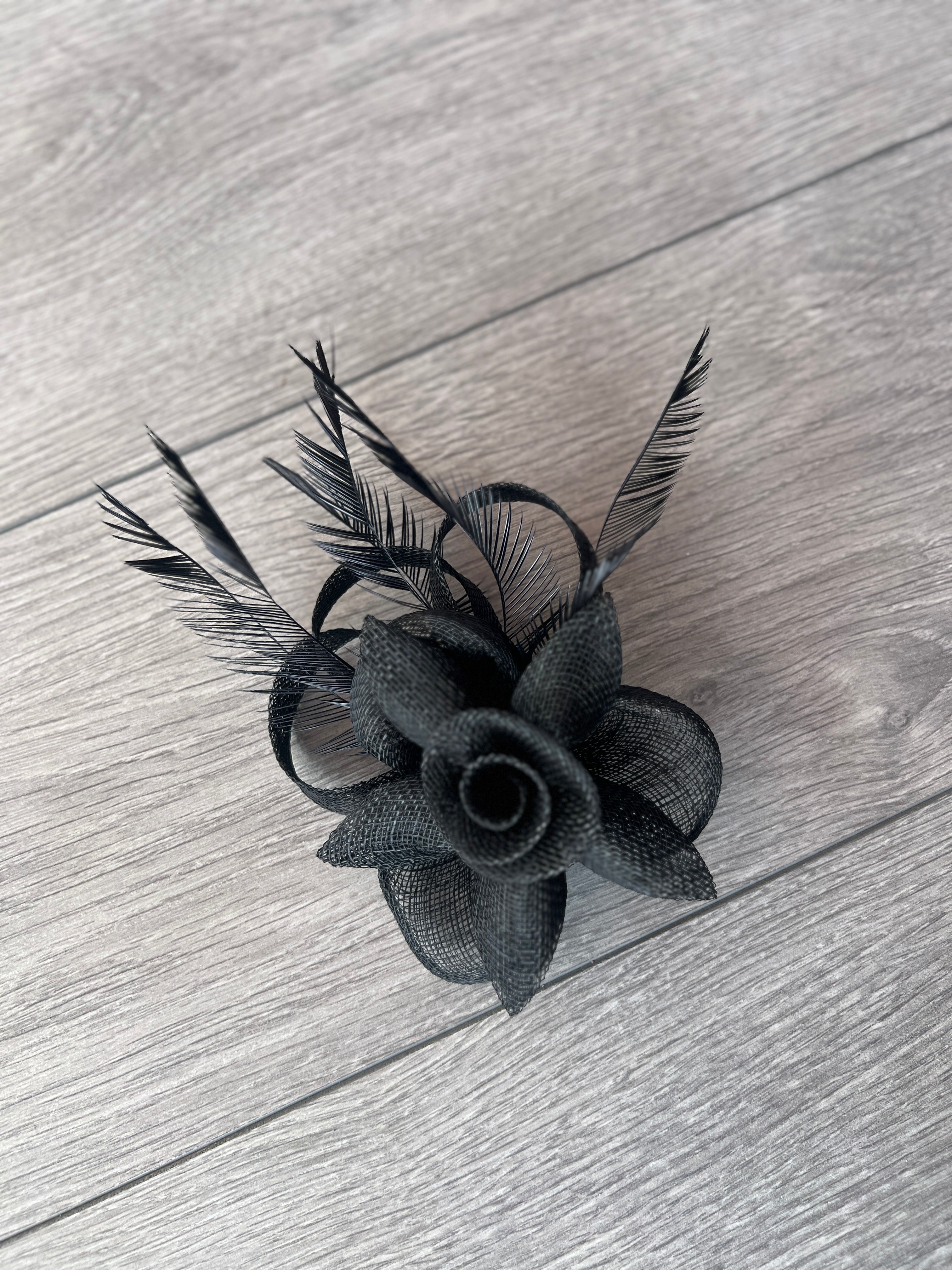 Black Flower Fascinator Clip With Feathers - Main Image