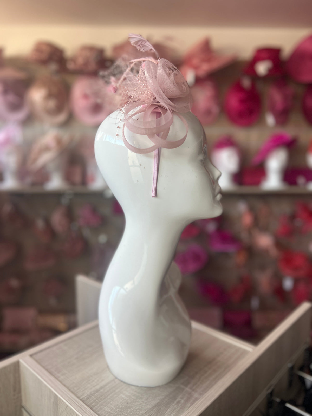 BLUSH PINK CRINOLINE FASCINATOR WITH BEADS, LOOPS &amp; NETTING-Fascinators Direct