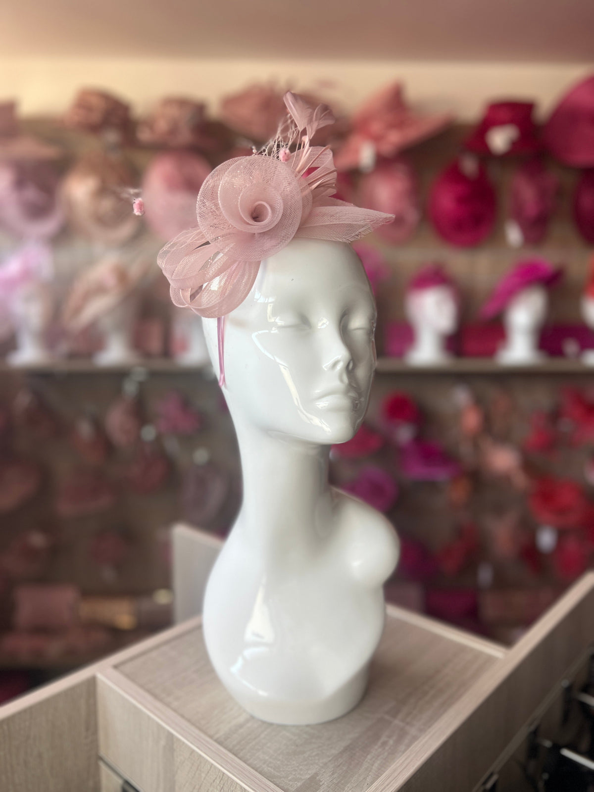 BLUSH PINK CRINOLINE FASCINATOR WITH BEADS, LOOPS &amp; NETTING-Fascinators Direct