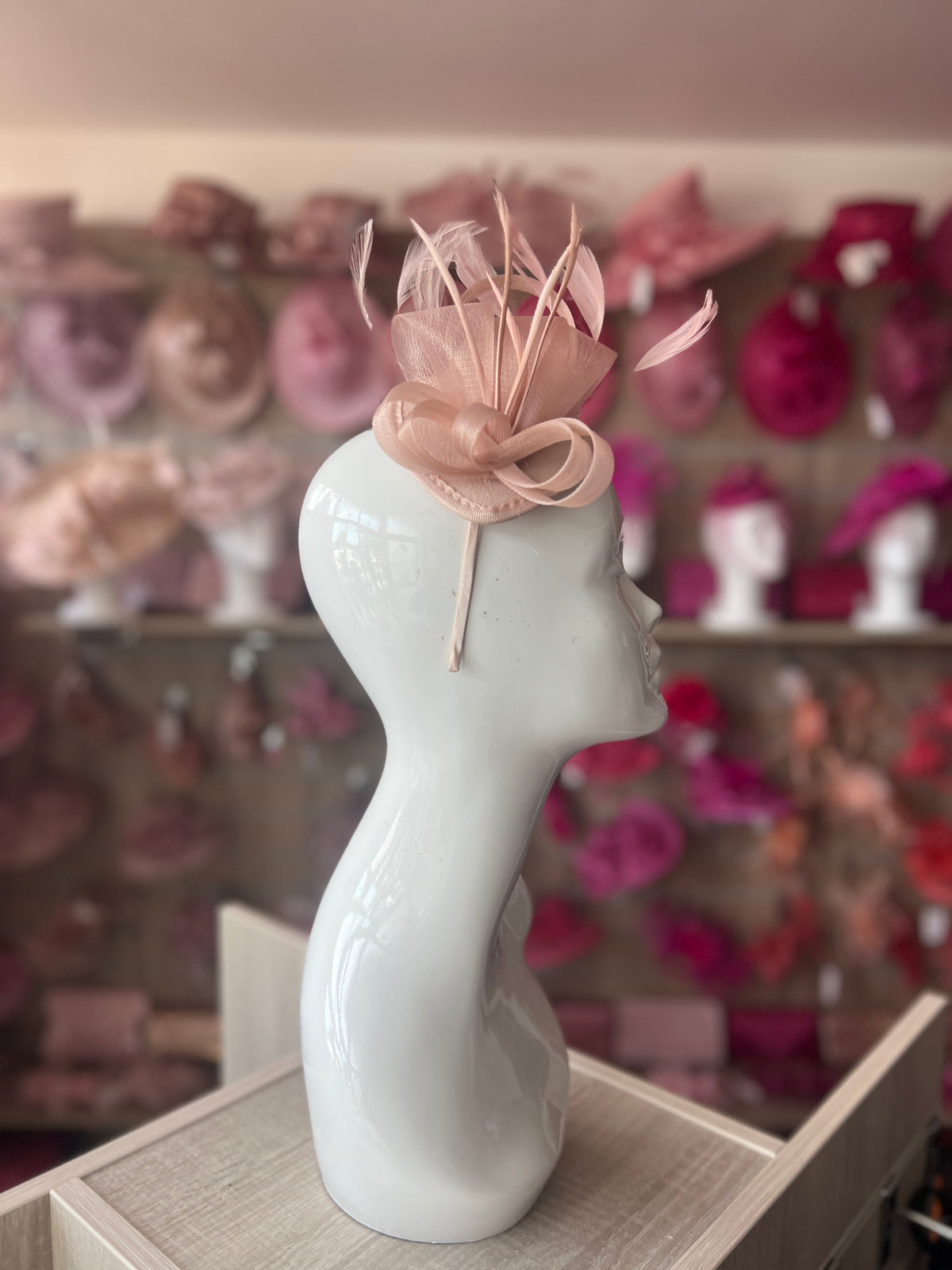 BLUSH/NUDE PINK FASCINATOR HEADBAND WITH LOOPED CRIN &amp; FEATHERS-Fascinators Direct