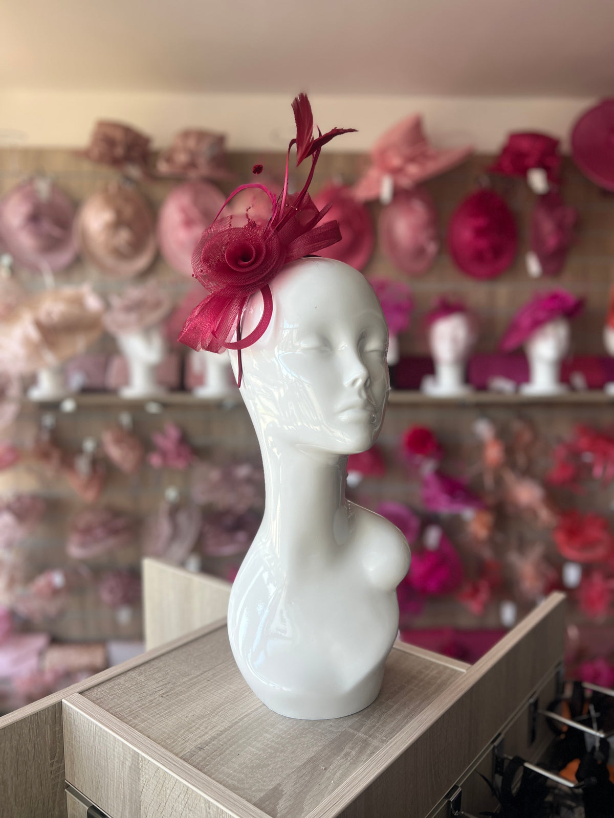 BURGUNDY CRINOLINE FASCINATOR WITH BEADS, LOOPS &amp; NETTING-Fascinators Direct