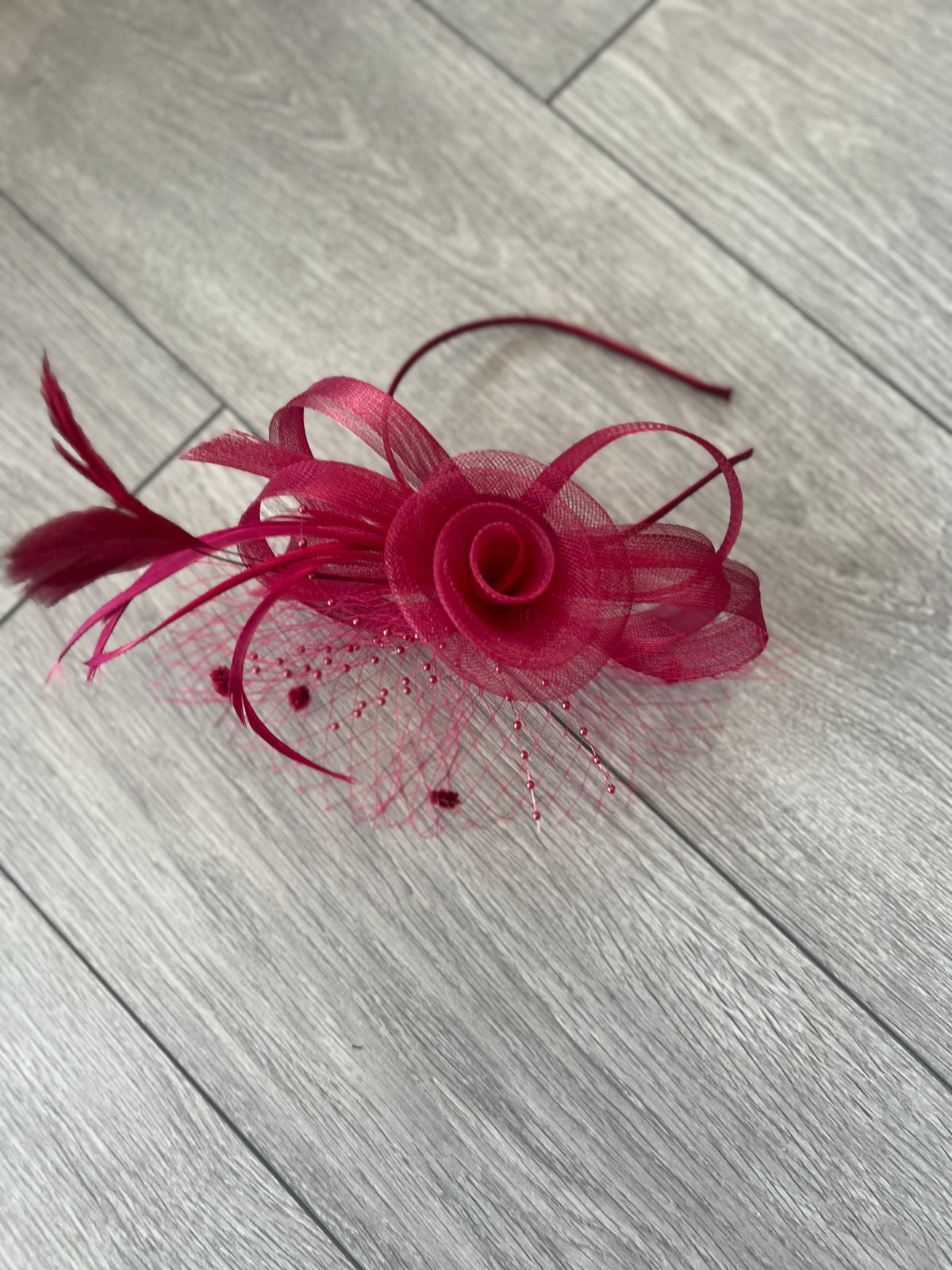 BURGUNDY CRINOLINE FASCINATOR WITH BEADS, LOOPS &amp; NETTING-Fascinators Direct