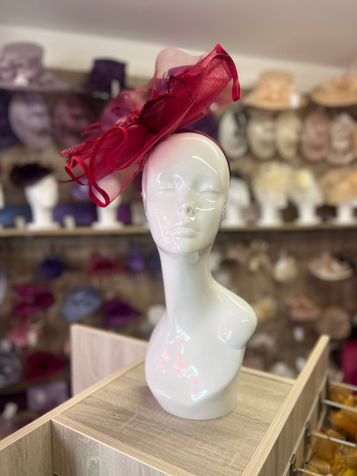 BURGUNDY LARGE FASCINATOR WITH RUCHED CRINOLINE &amp; FLOWER-Fascinators Direct