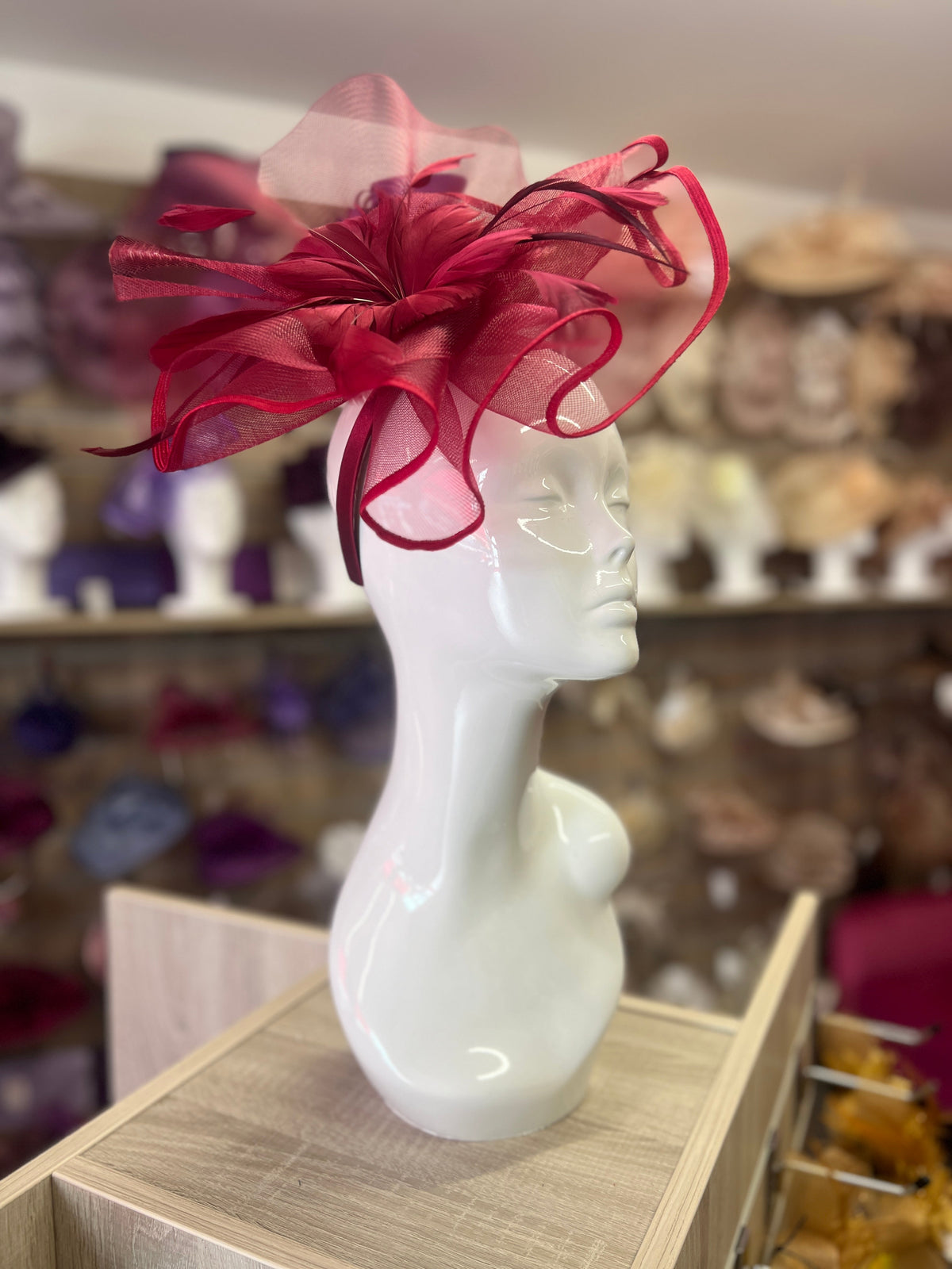 BURGUNDY LARGE FASCINATOR WITH RUCHED CRINOLINE &amp; FLOWER-Fascinators Direct