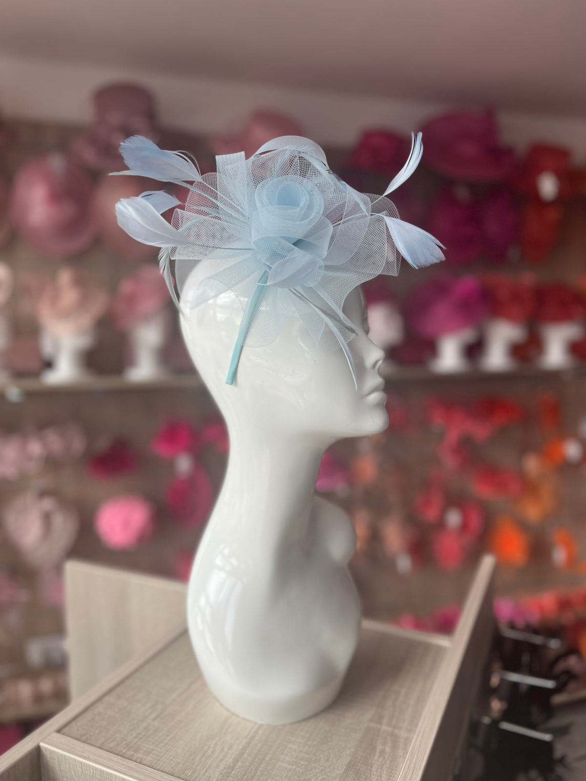 Baby Blue Diamante Flower Fascinator With Feathers-Fascinators Direct