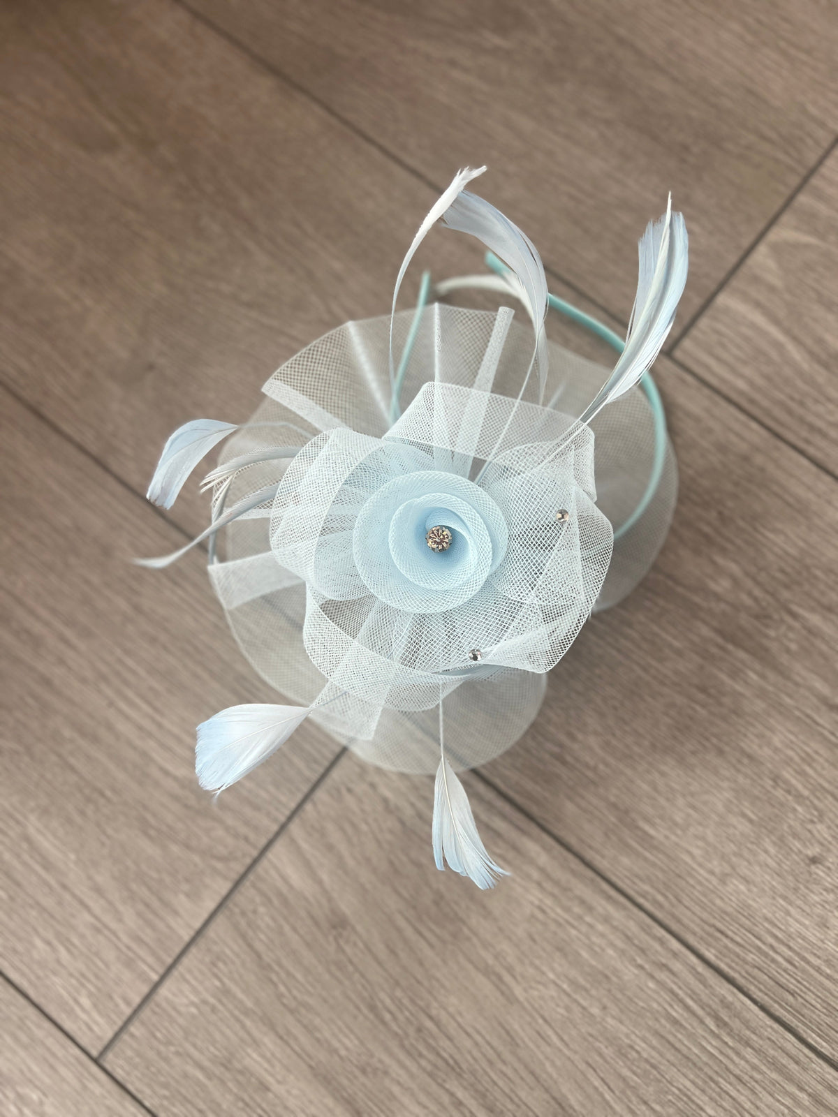 Baby Blue Diamante Flower Fascinator With Feathers-Fascinators Direct