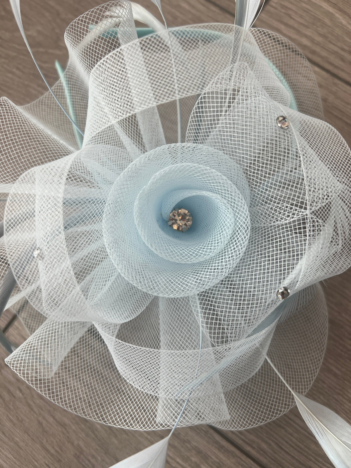 Baby Blue Diamante Flower Fascinator With Feathers-Fascinators Direct