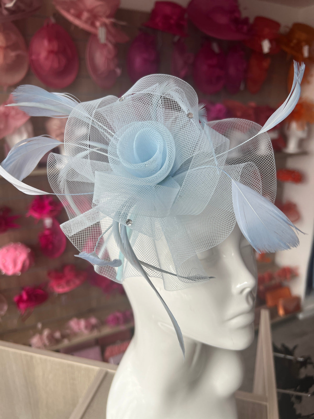 Baby Blue Diamante Flower Fascinator With Feathers-Fascinators Direct