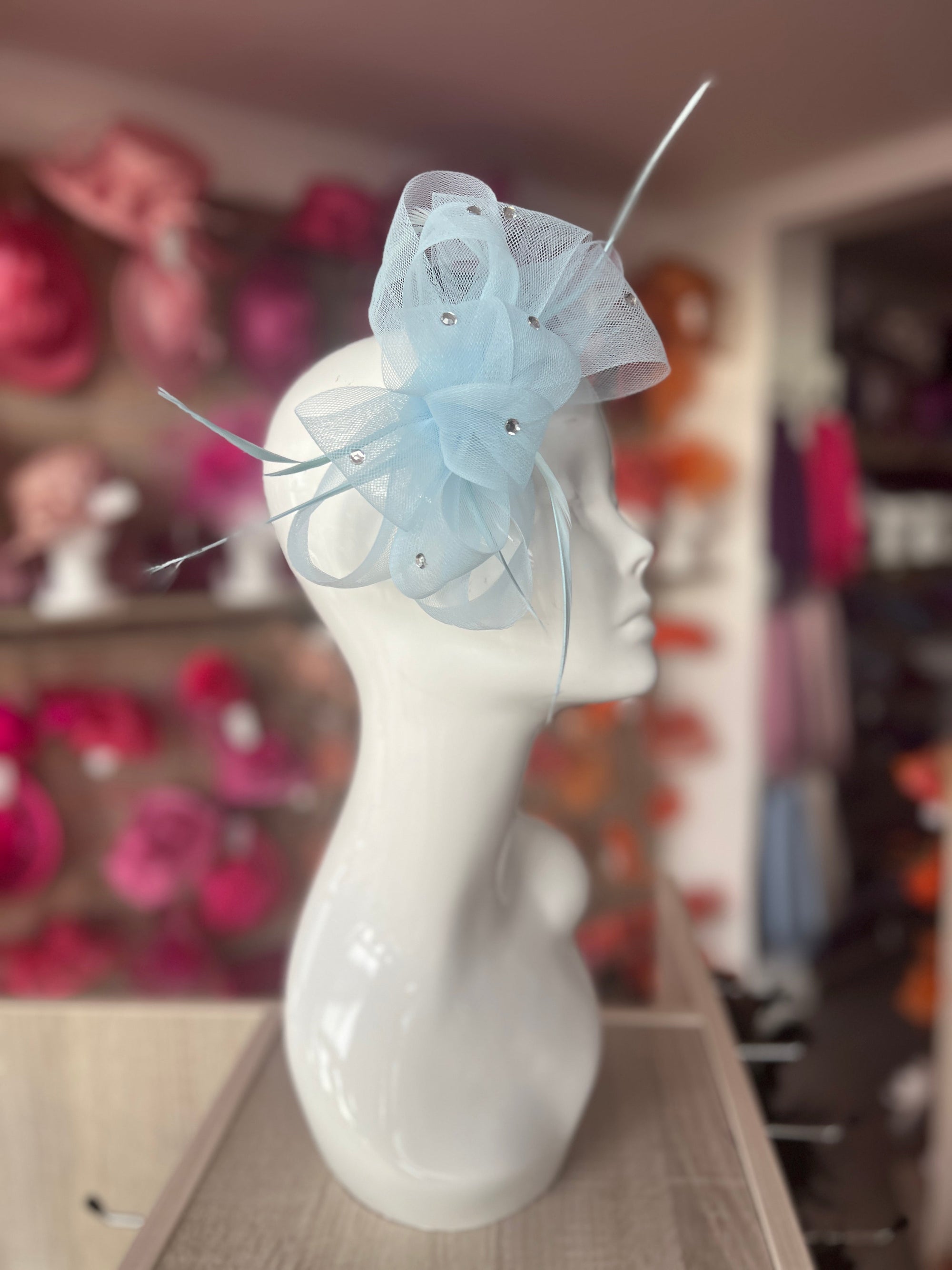 Baby Blue Diamanté Loop Bow Fascinator-Fascinators Direct