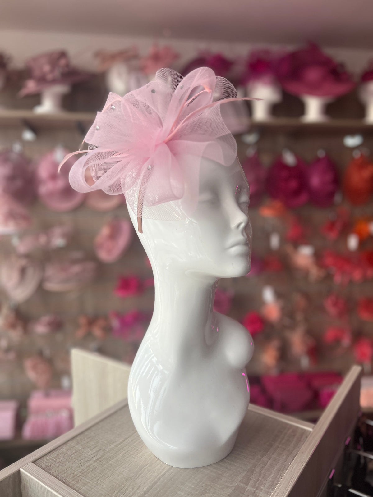 Baby Pink Diamante Fascinator With Ruched Crinoline &amp; Feathers-Fascinators Direct