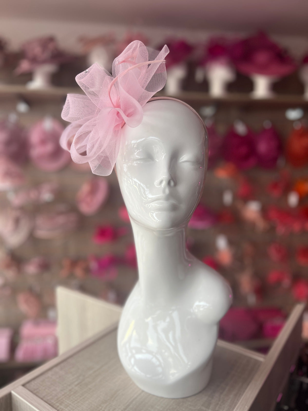 Baby Pink Diamante Fascinator With Ruched Crinoline &amp; Feathers-Fascinators Direct