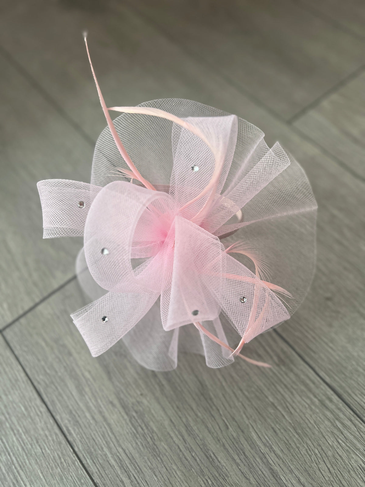 Baby Pink Diamante Fascinator With Ruched Crinoline &amp; Feathers-Fascinators Direct