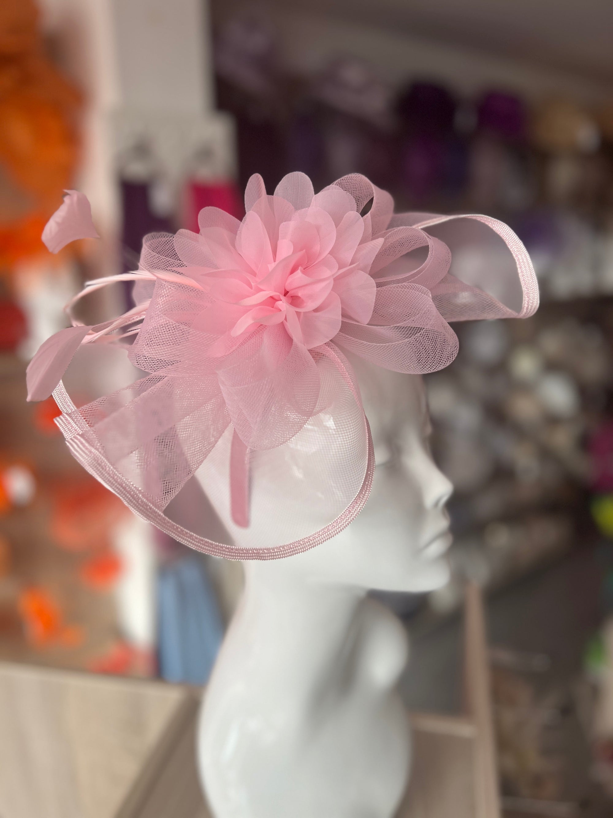 Baby Pink Fascinator Fluted Crinoline & Flower-Fascinators Direct