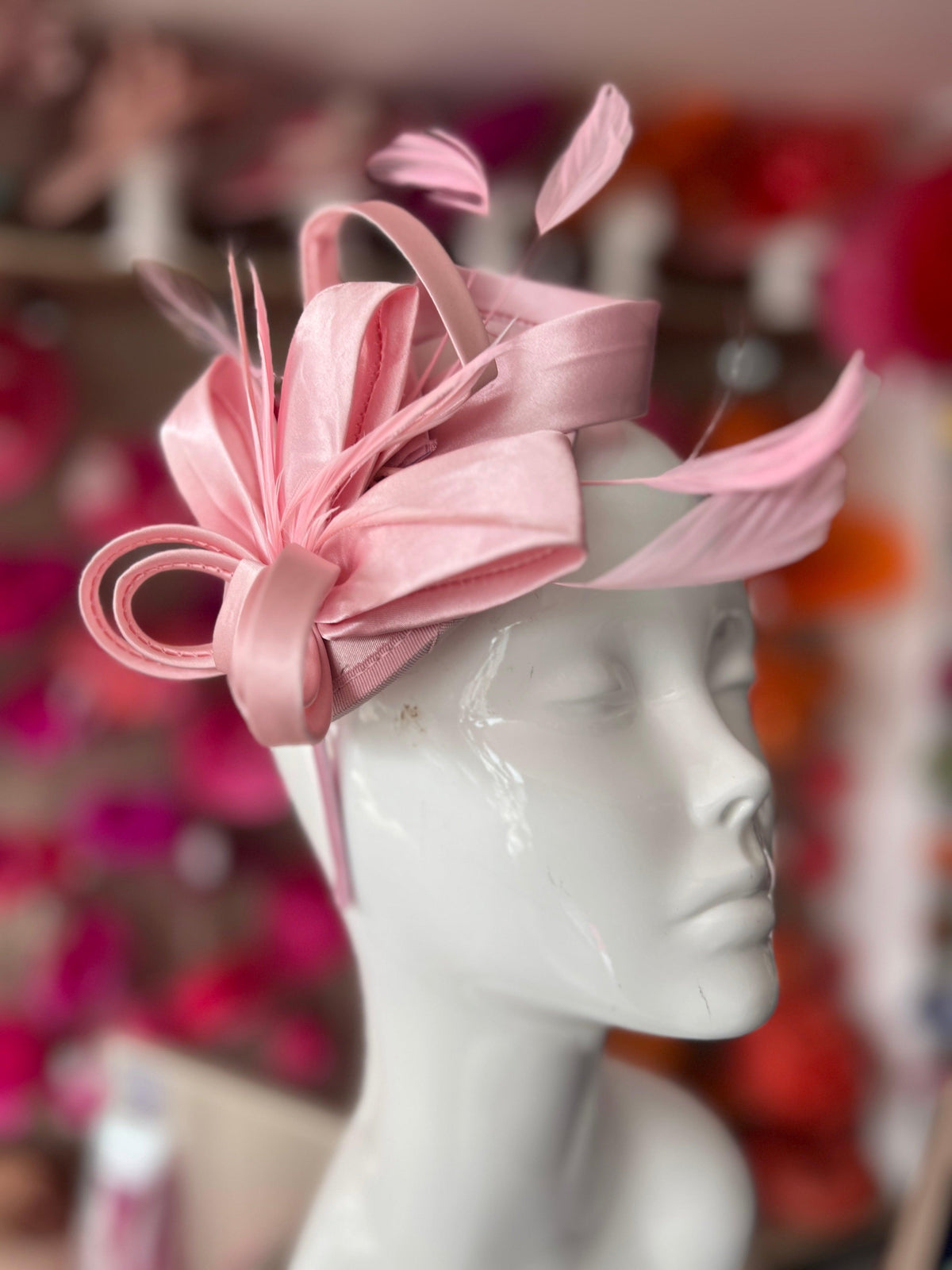 Baby Pink Fascinator Headband With Looped Satin &amp; Feathers-Fascinators Direct