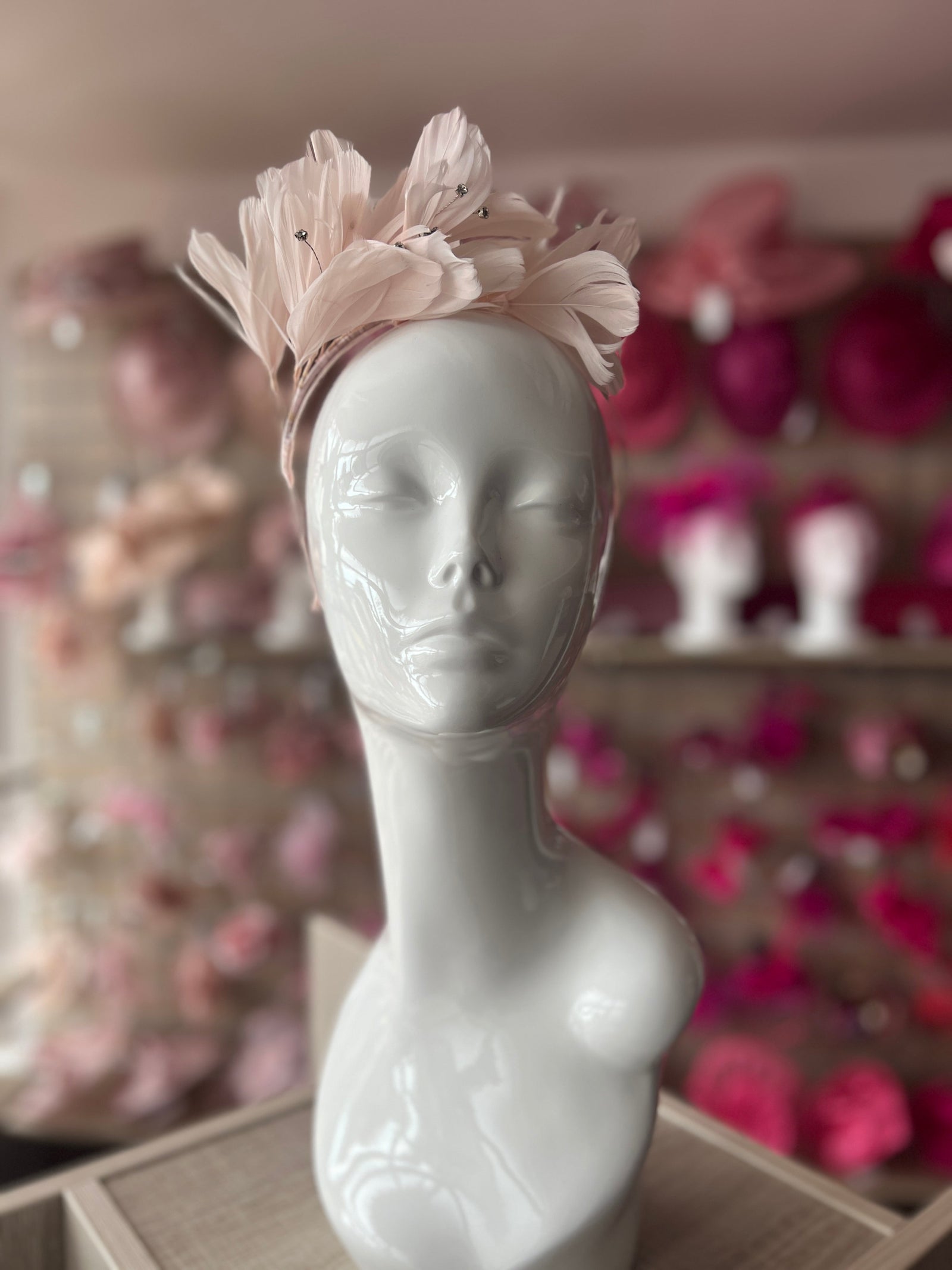 Baby Pink Fascinator Headband with Feather Petals & Diamanté-Fascinators Direct