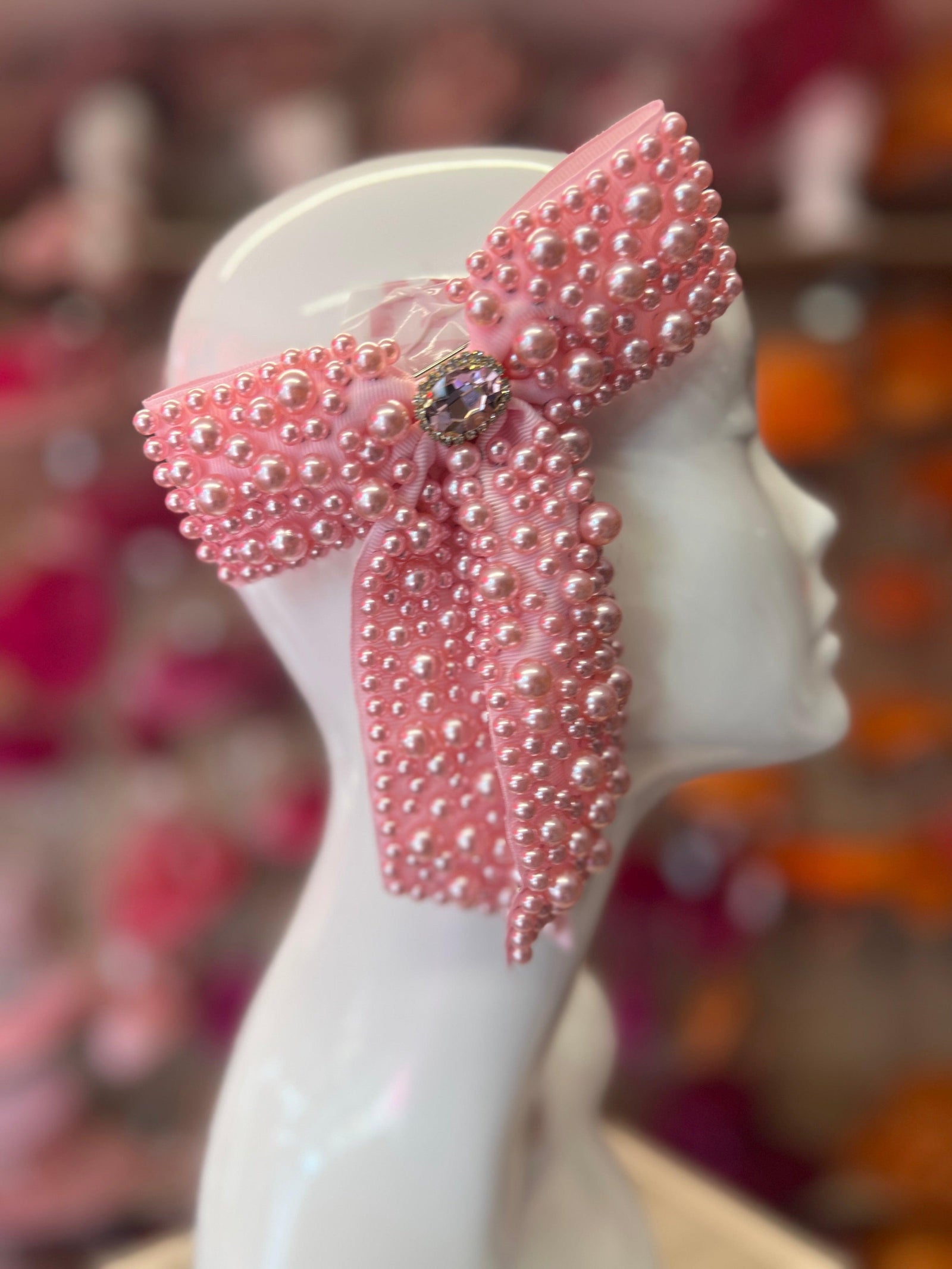 Baby Pink Pearl Bow Barrette Hair Clip-Fascinators Direct