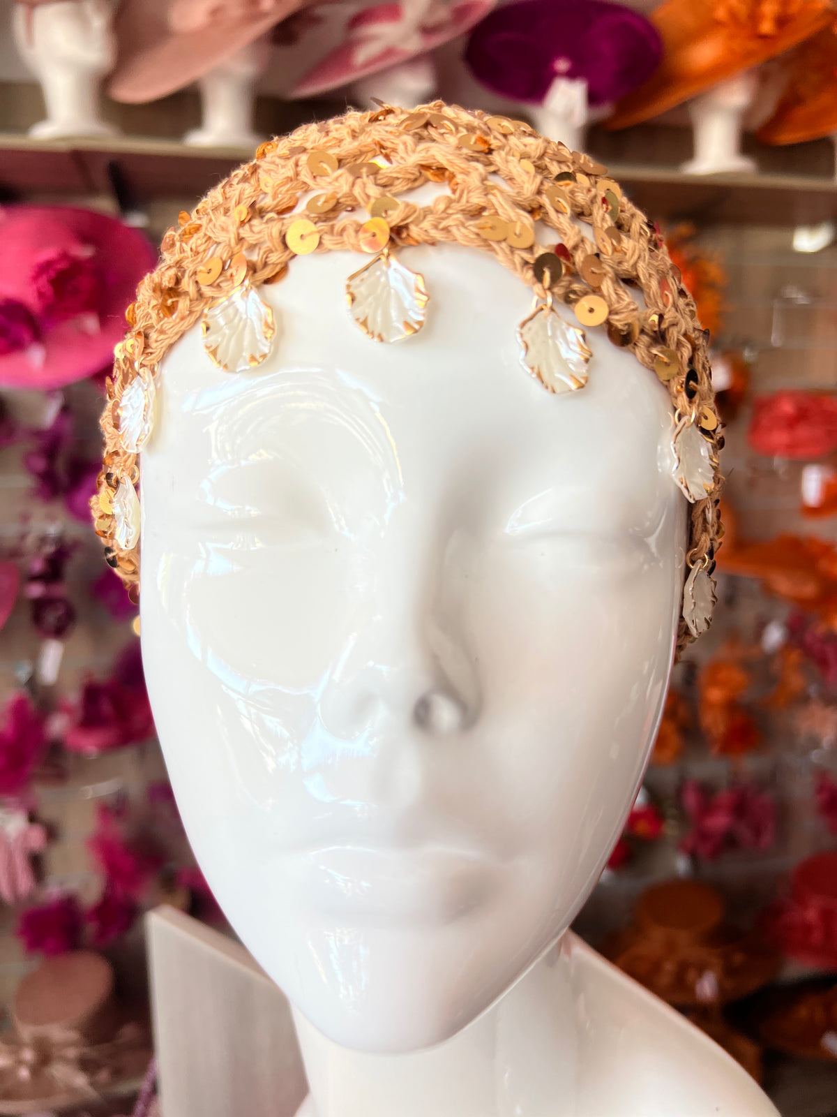 Beige Crochet Skull Cap With Sequins &amp; Shells-Fascinators Direct