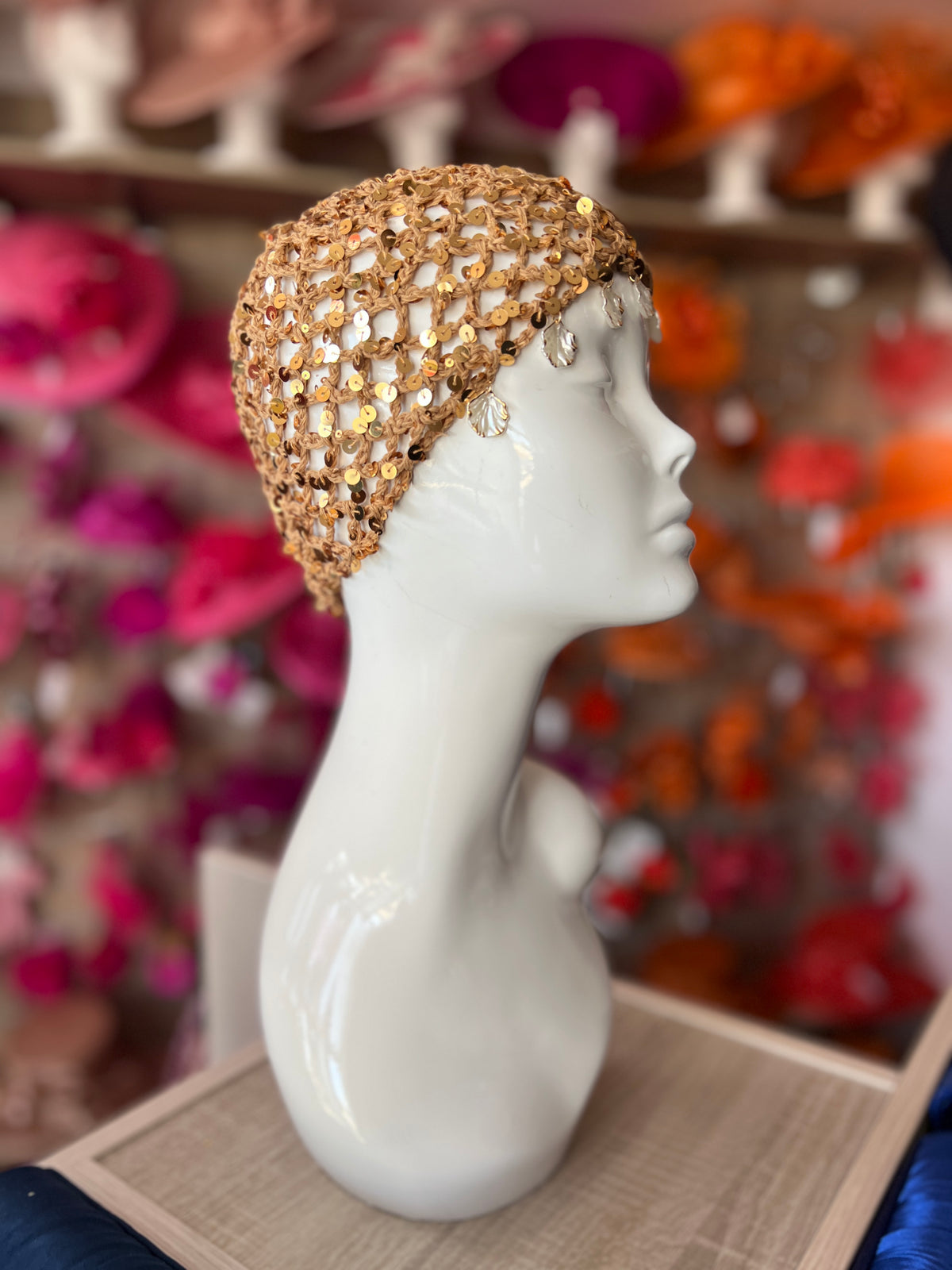 Beige Crochet Skull Cap With Sequins &amp; Shells-Fascinators Direct