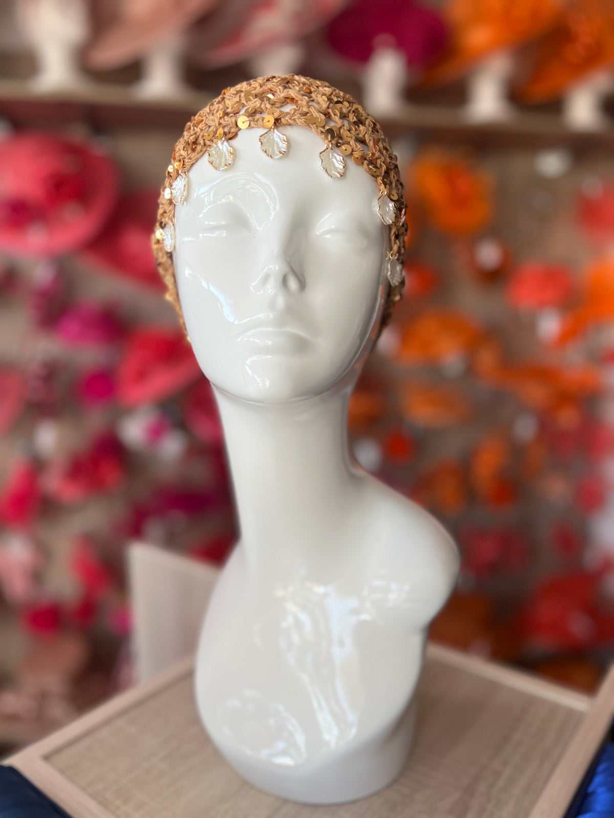 Beige Crochet Skull Cap With Sequins &amp; Shells-Fascinators Direct