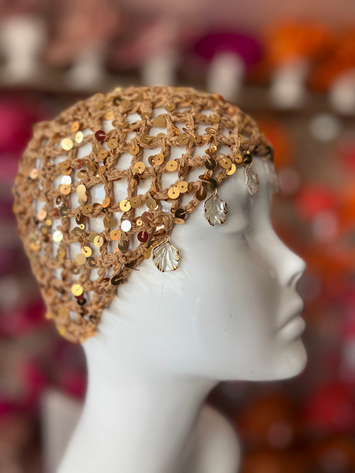 Beige Crochet Skull Cap With Sequins &amp; Shells-Fascinators Direct