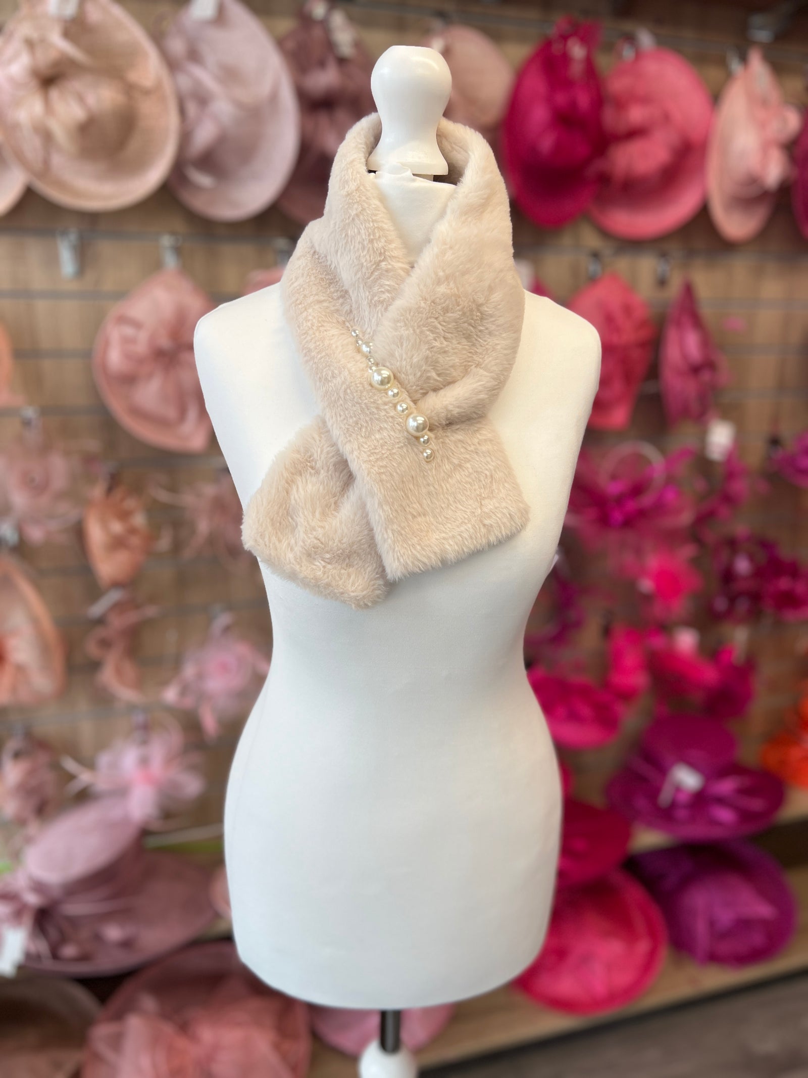 Beige Faux Fur Collar Scarf With Pearl Detail-Fascinators Direct