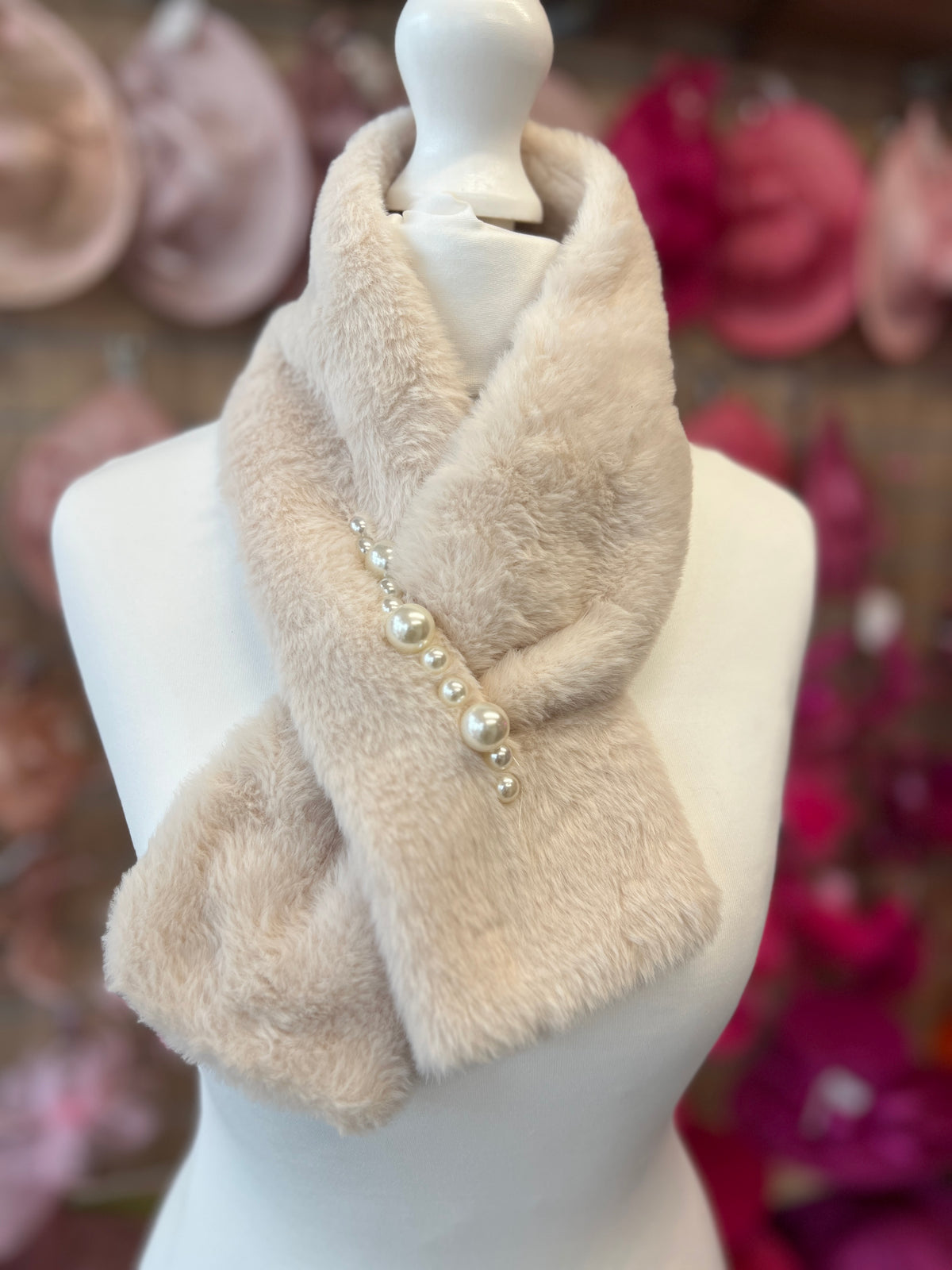 Beige Faux Fur Collar Scarf With Pearl Detail-Fascinators Direct