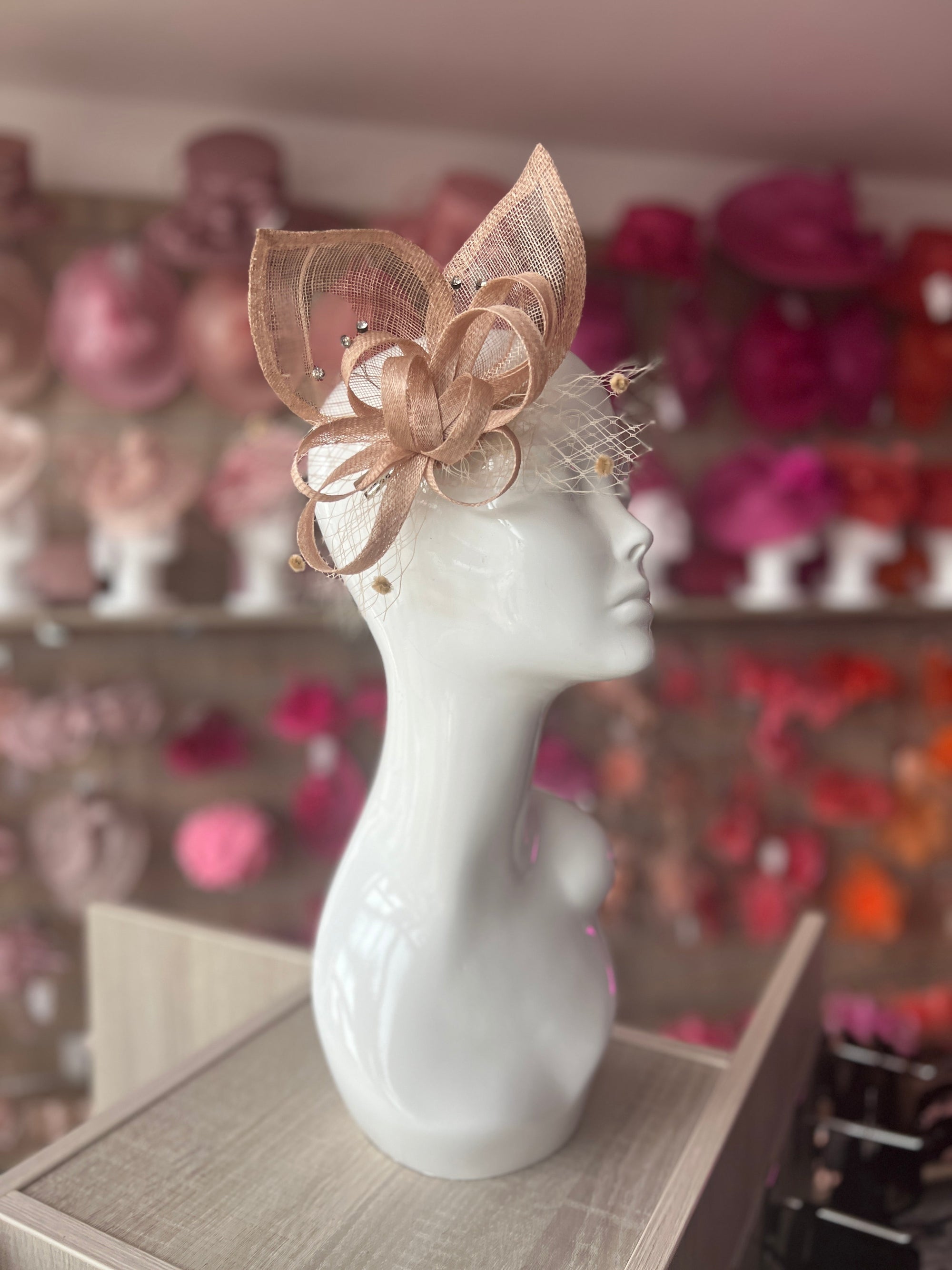 Beige Hair Fascinator With Netting & Diamantes-Fascinators Direct