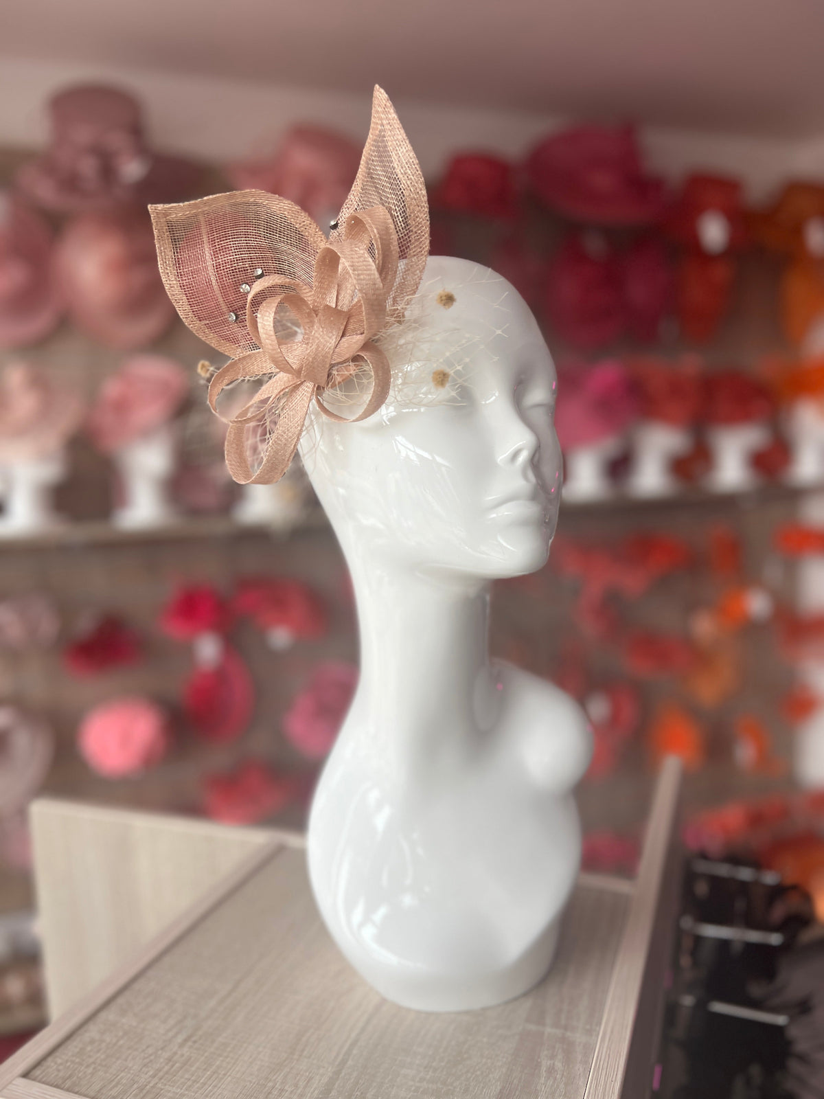 Beige Hair Fascinator With Netting &amp; Diamantes-Fascinators Direct