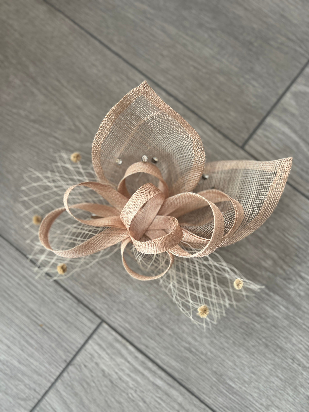 Beige Hair Fascinator With Netting &amp; Diamantes-Fascinators Direct