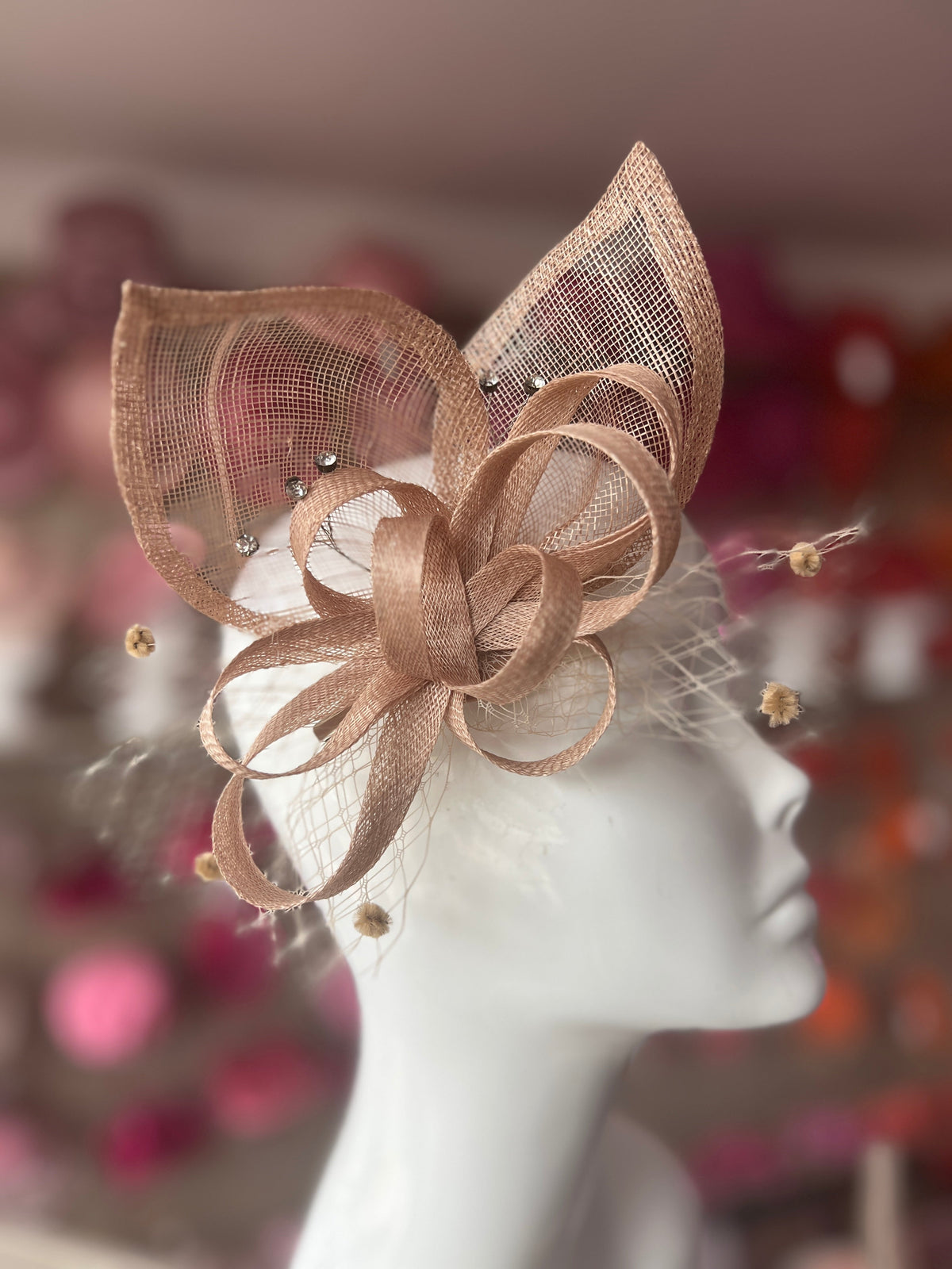 Beige Hair Fascinator With Netting &amp; Diamantes-Fascinators Direct
