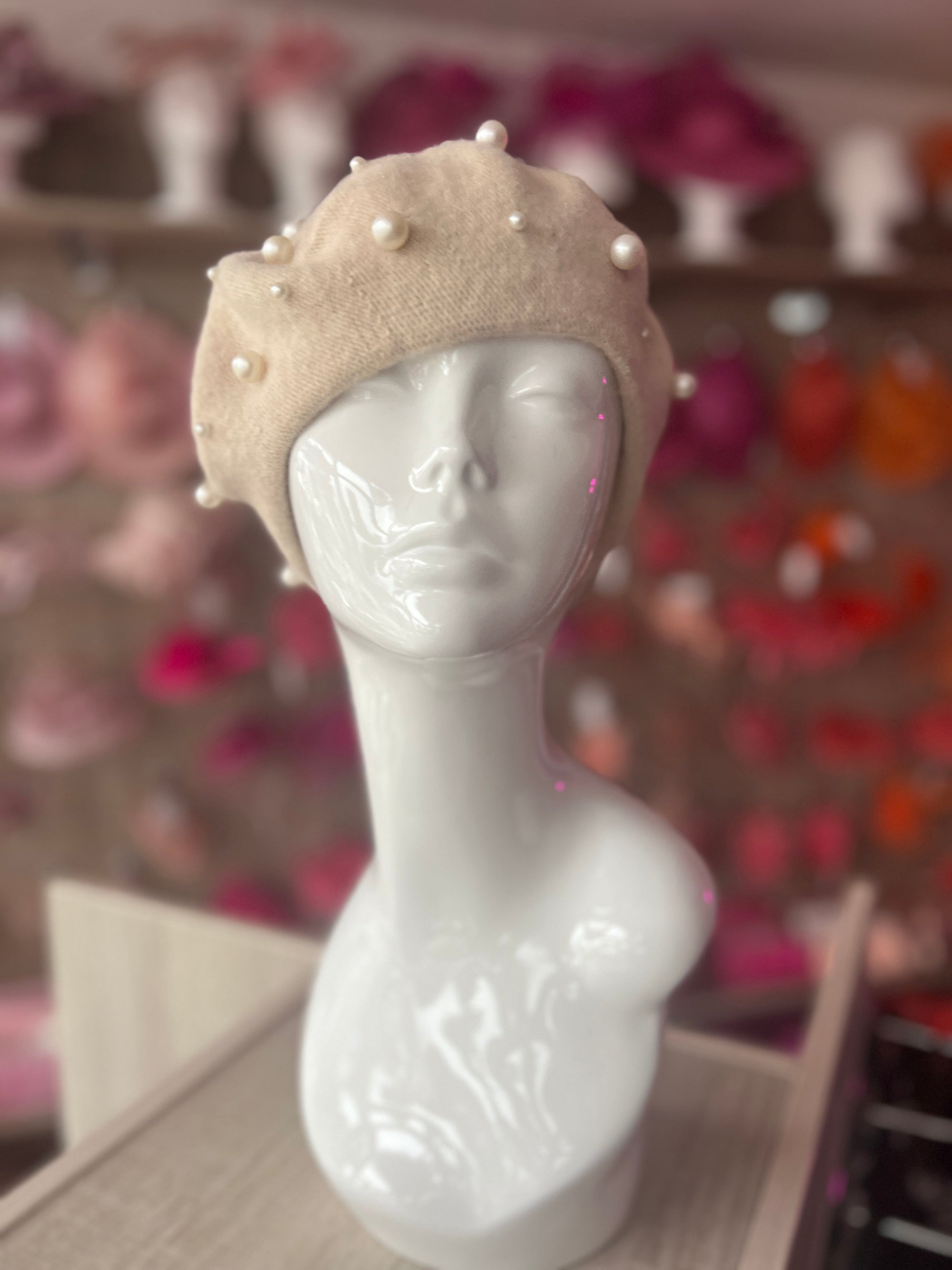 Beige Pearl Embellished Beret Hat-Fascinators Direct