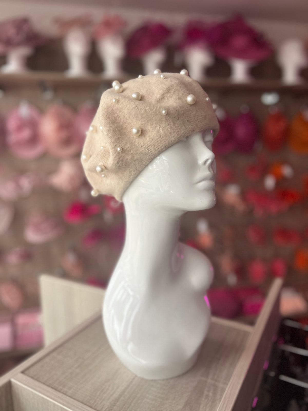 Beige Pearl Embellished Beret Hat-Fascinators Direct
