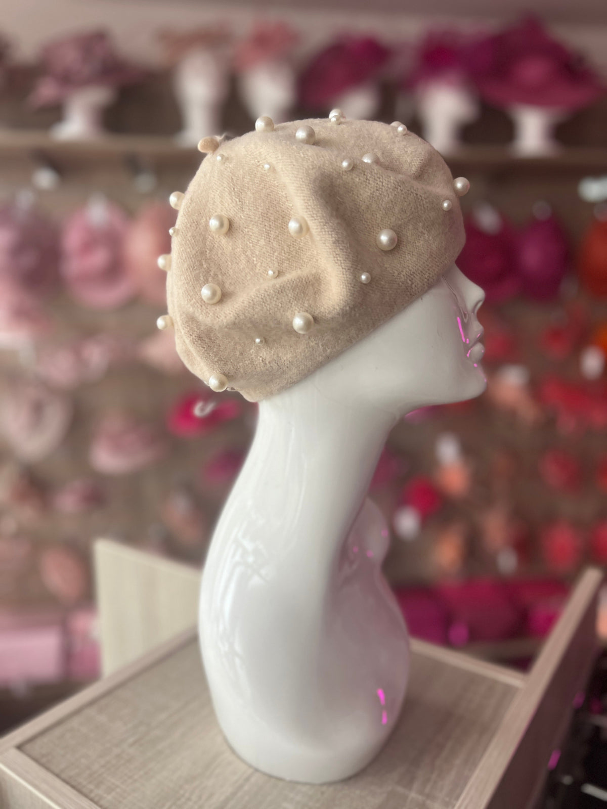 Beige Pearl Embellished Beret Hat-Fascinators Direct