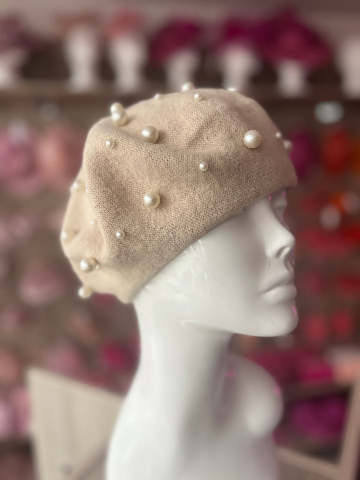 Beige Pearl Embellished Beret Hat-Fascinators Direct