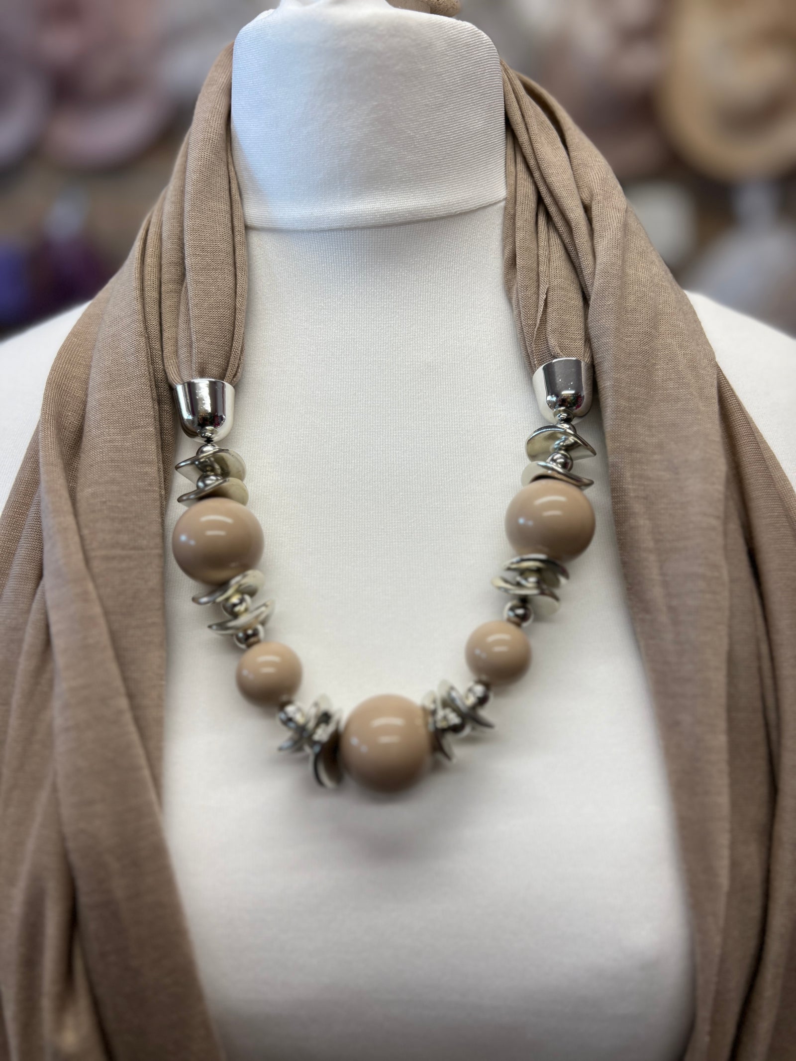 Beige Scarf Necklace With Beads-Fascinators Direct