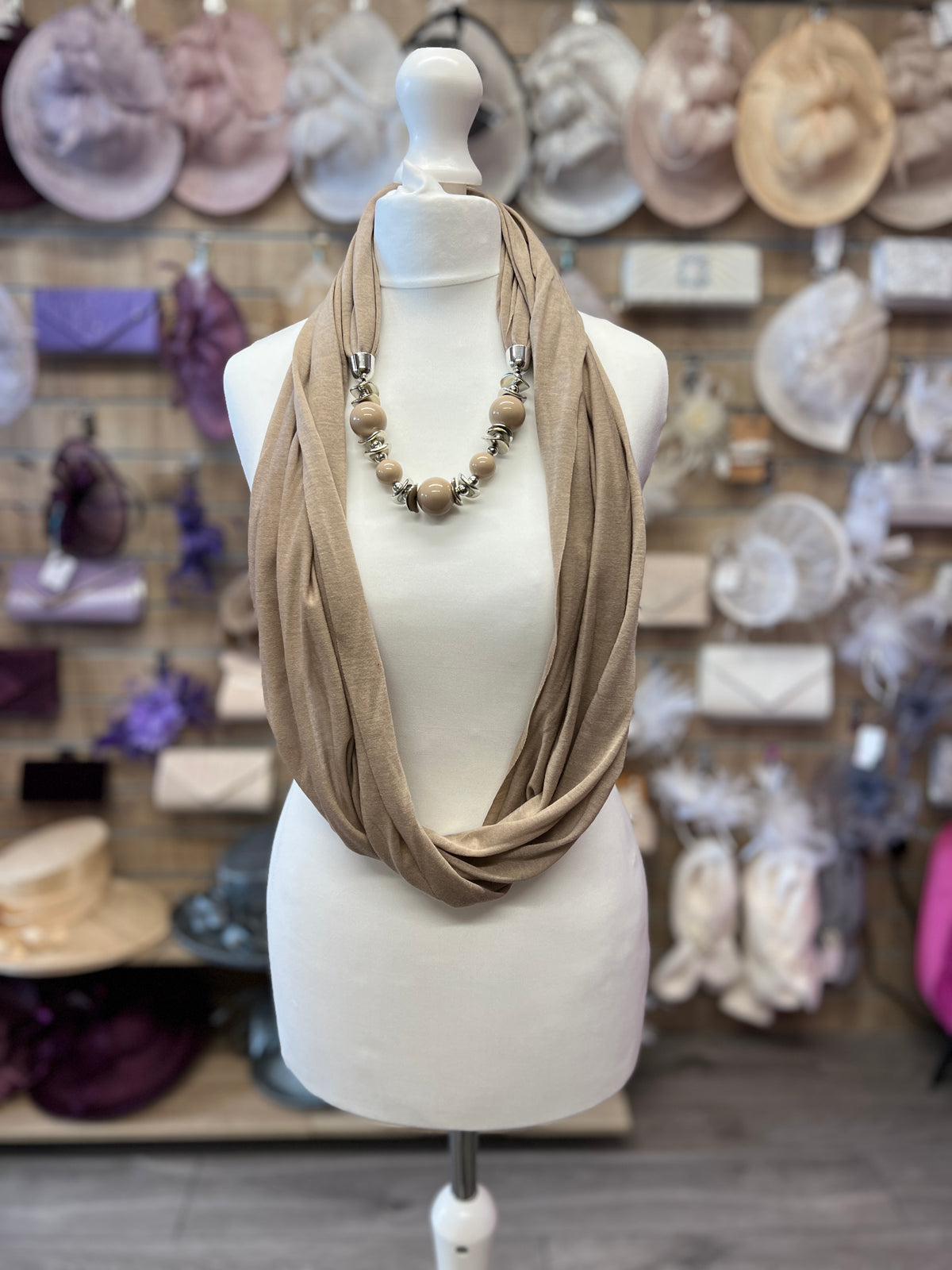 Beige Scarf Necklace With Beads-Fascinators Direct