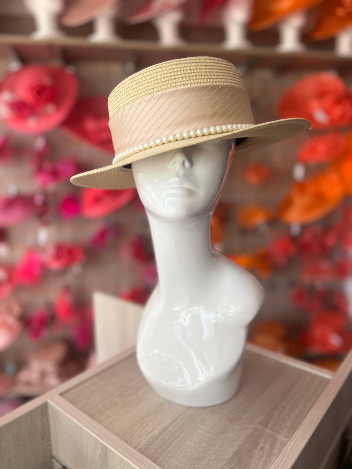 Beige Straw Hat With Pearl &amp; Ribbon Detail-Fascinators Direct
