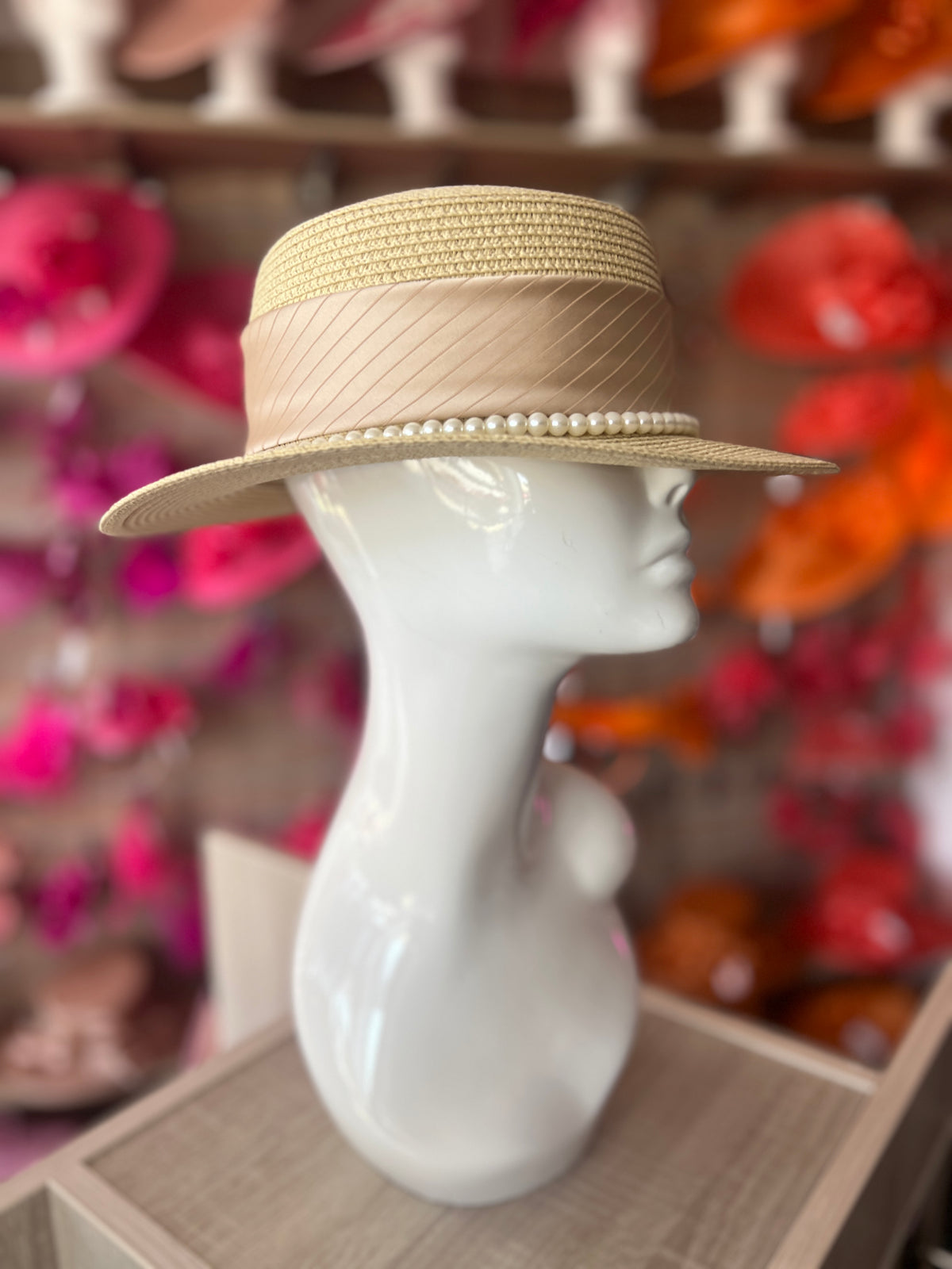 Beige Straw Hat With Pearl &amp; Ribbon Detail-Fascinators Direct