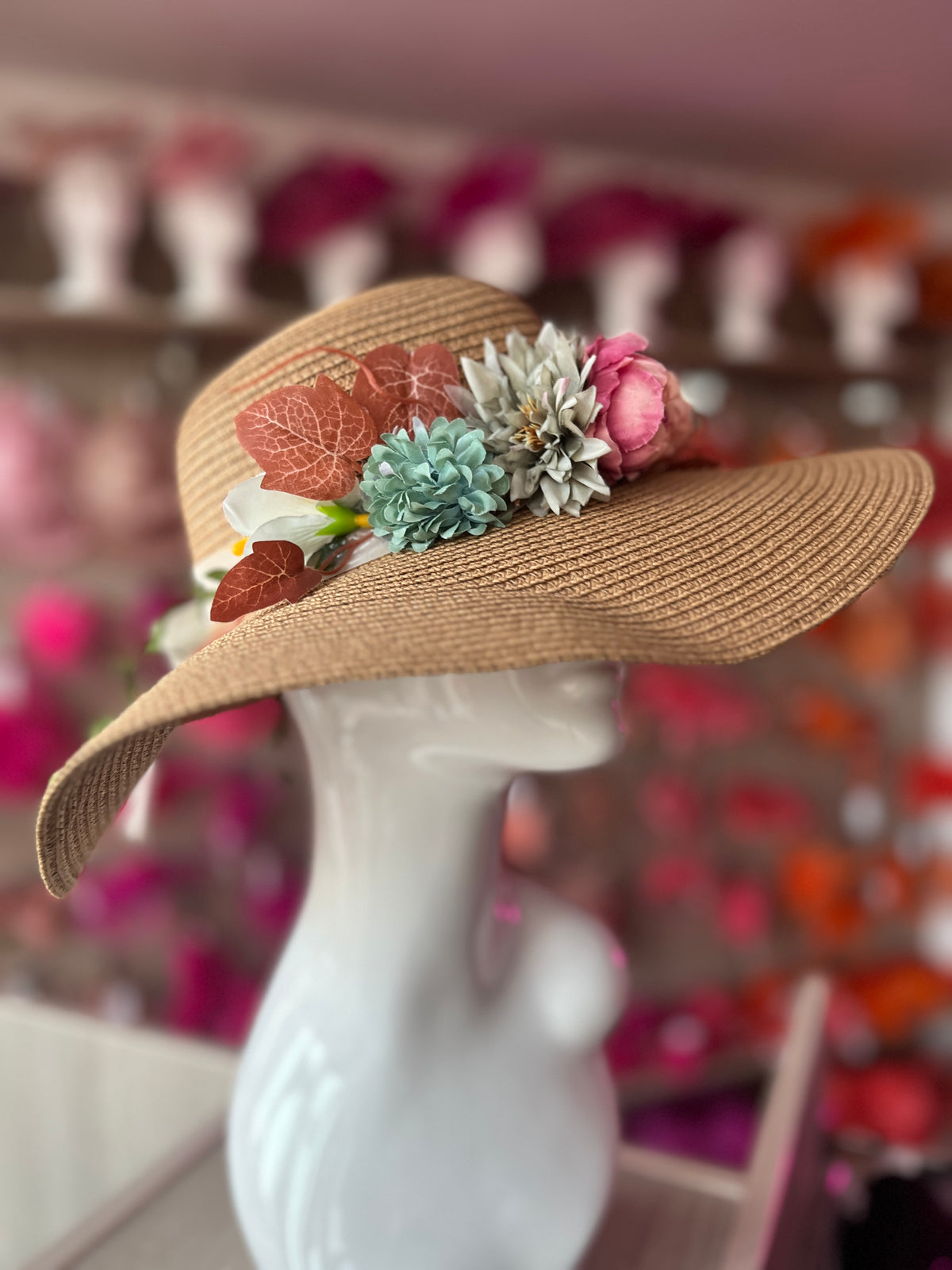 Beige Straw Sun Hat With Flowers &amp; Foliage-Fascinators Direct
