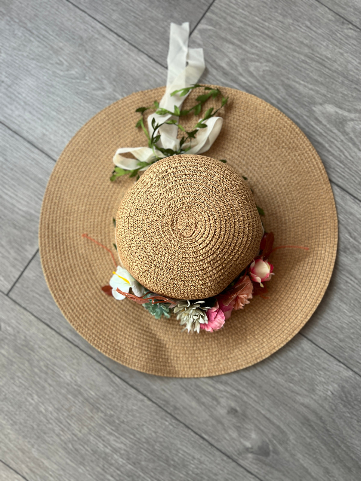 Beige Straw Sun Hat With Flowers &amp; Foliage-Fascinators Direct