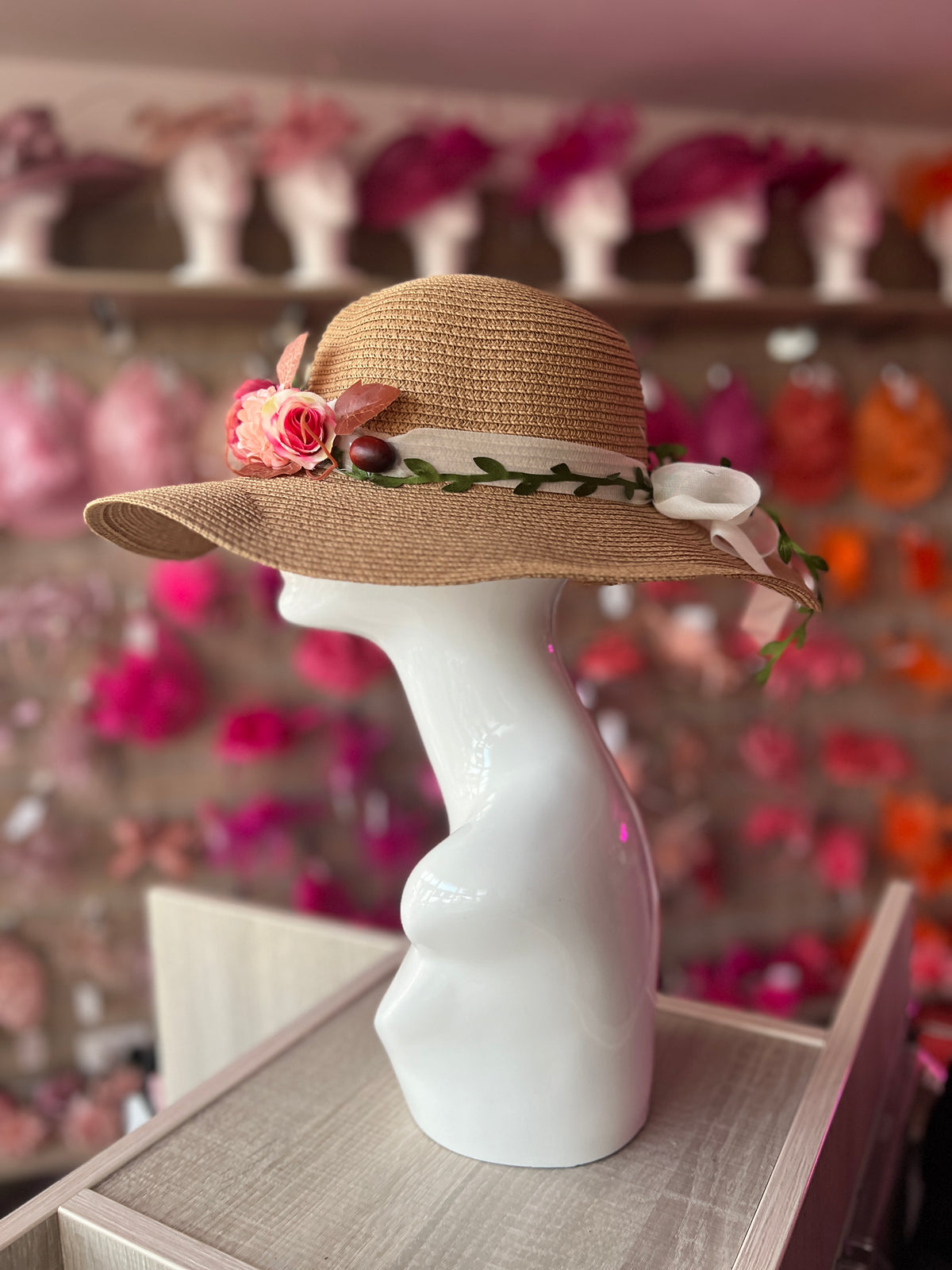 Beige Straw Sun Hat With Flowers &amp; Foliage-Fascinators Direct