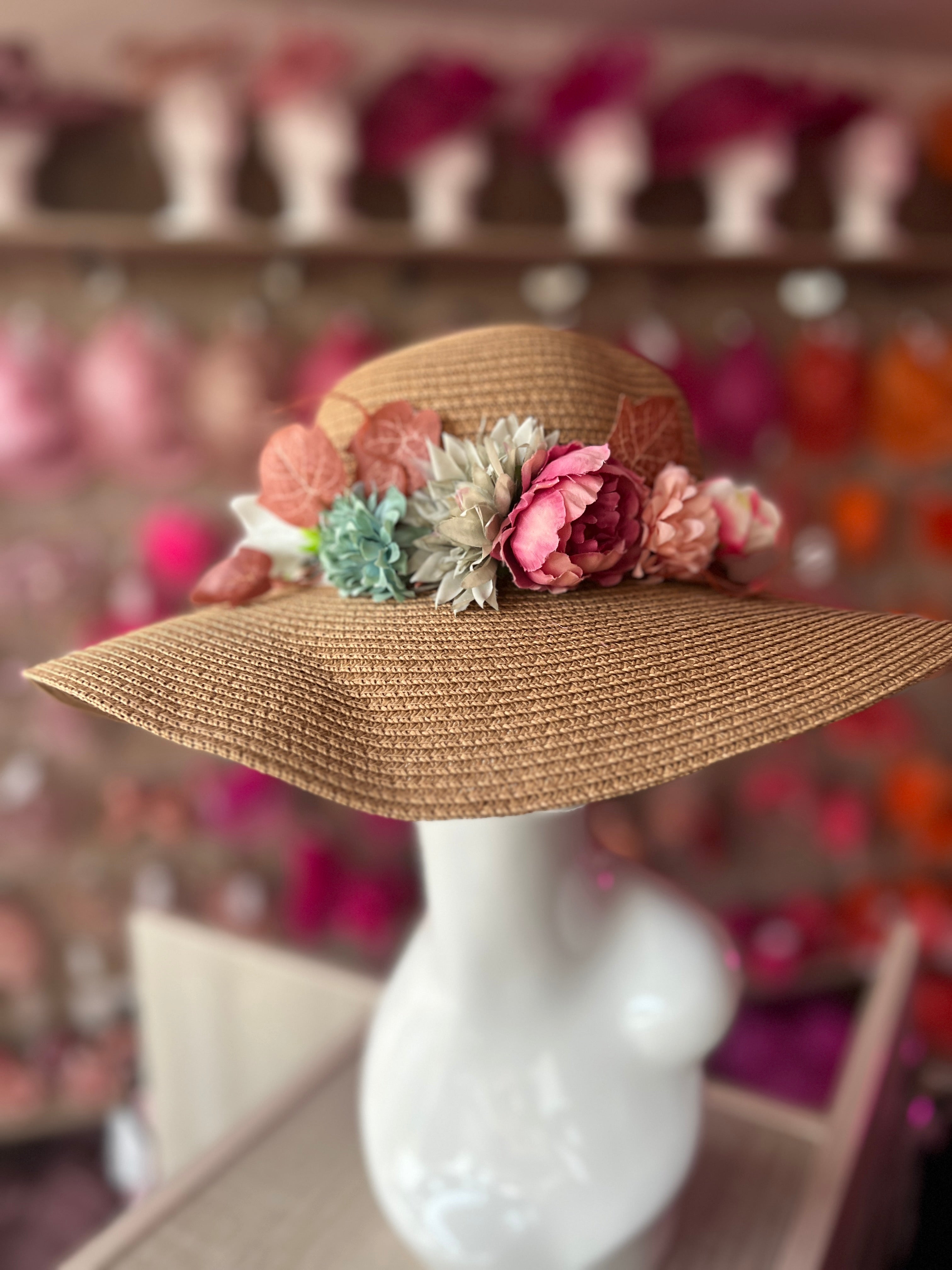 Beige Straw Sun Hat With Flowers Foliage