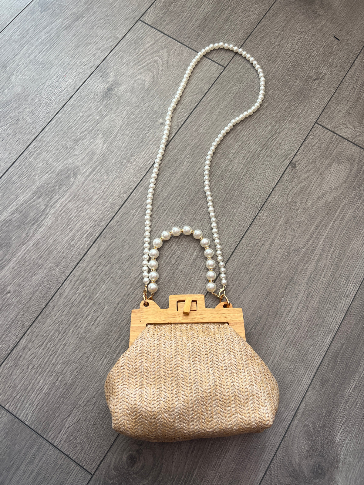 Beige Straw Weave Clutch Bag With Pearl Handle &amp; Shoulder Strap-Fascinators Direct