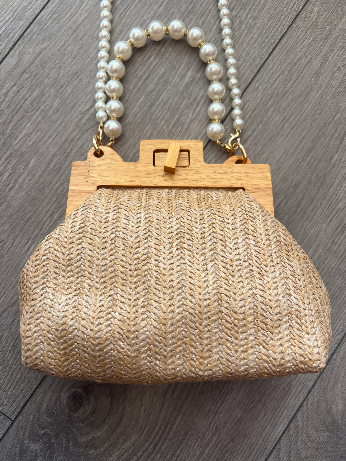 Beige Straw Weave Clutch Bag With Pearl Handle &amp; Shoulder Strap-Fascinators Direct