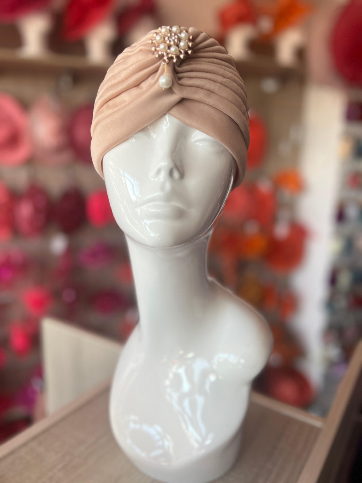 Beige Turban Hat With Diamante &amp; Pearl Embellishment-Fascinators Direct