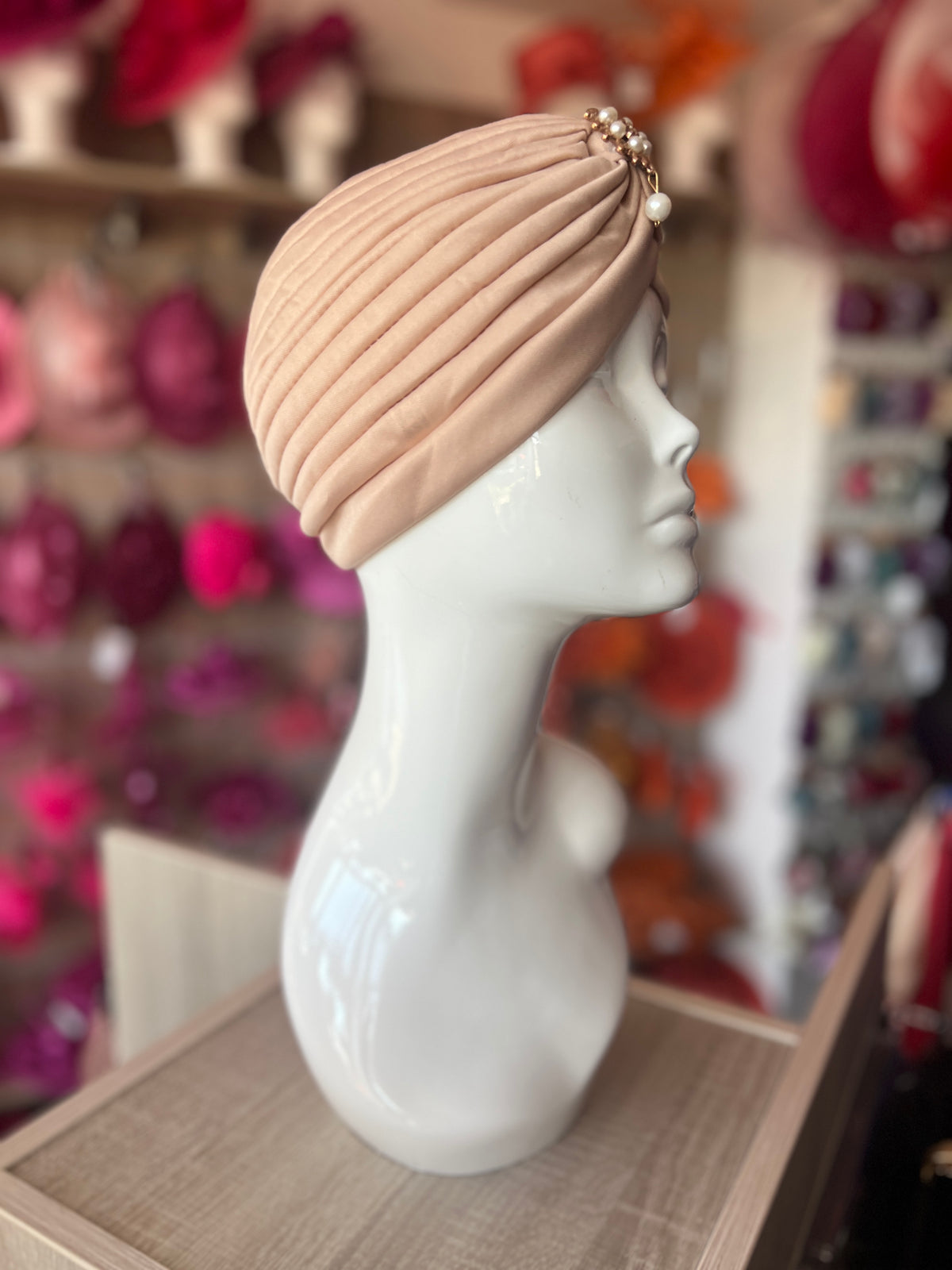Beige Turban Hat With Diamante &amp; Pearl Embellishment-Fascinators Direct