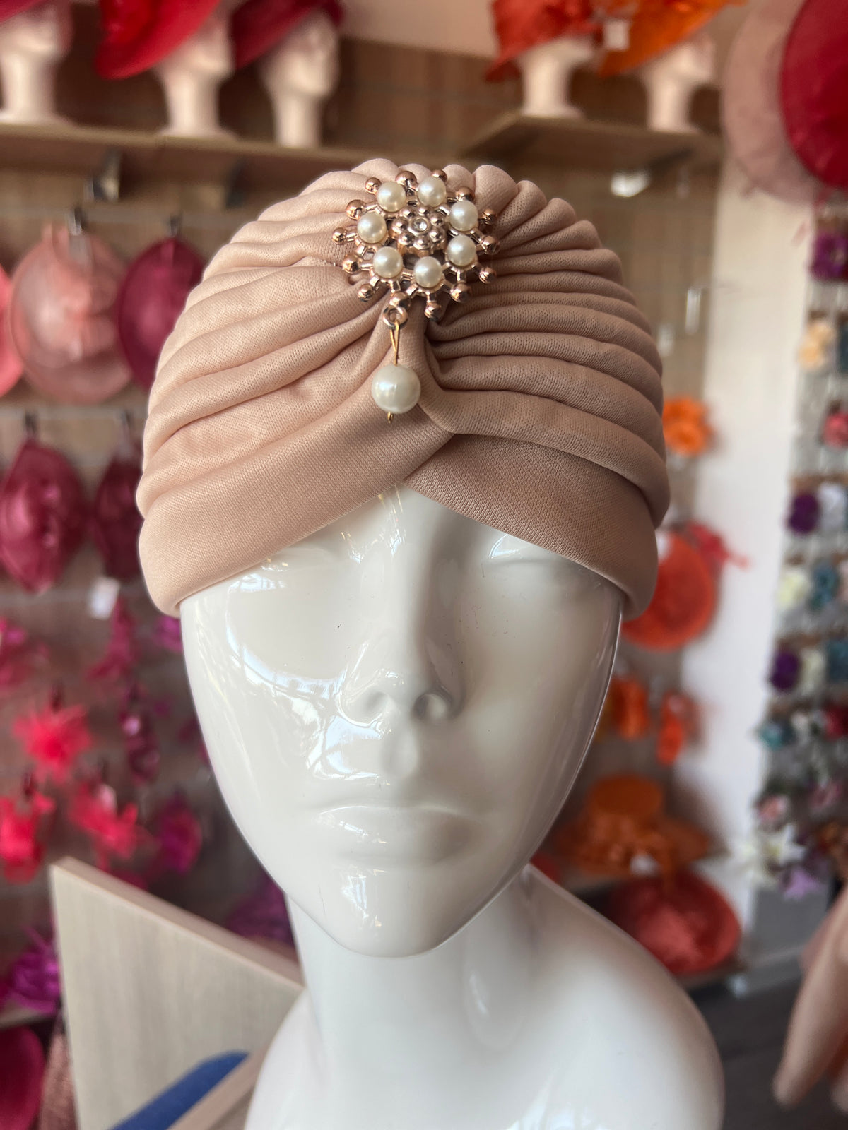 Beige Turban Hat With Diamante &amp; Pearl Embellishment-Fascinators Direct