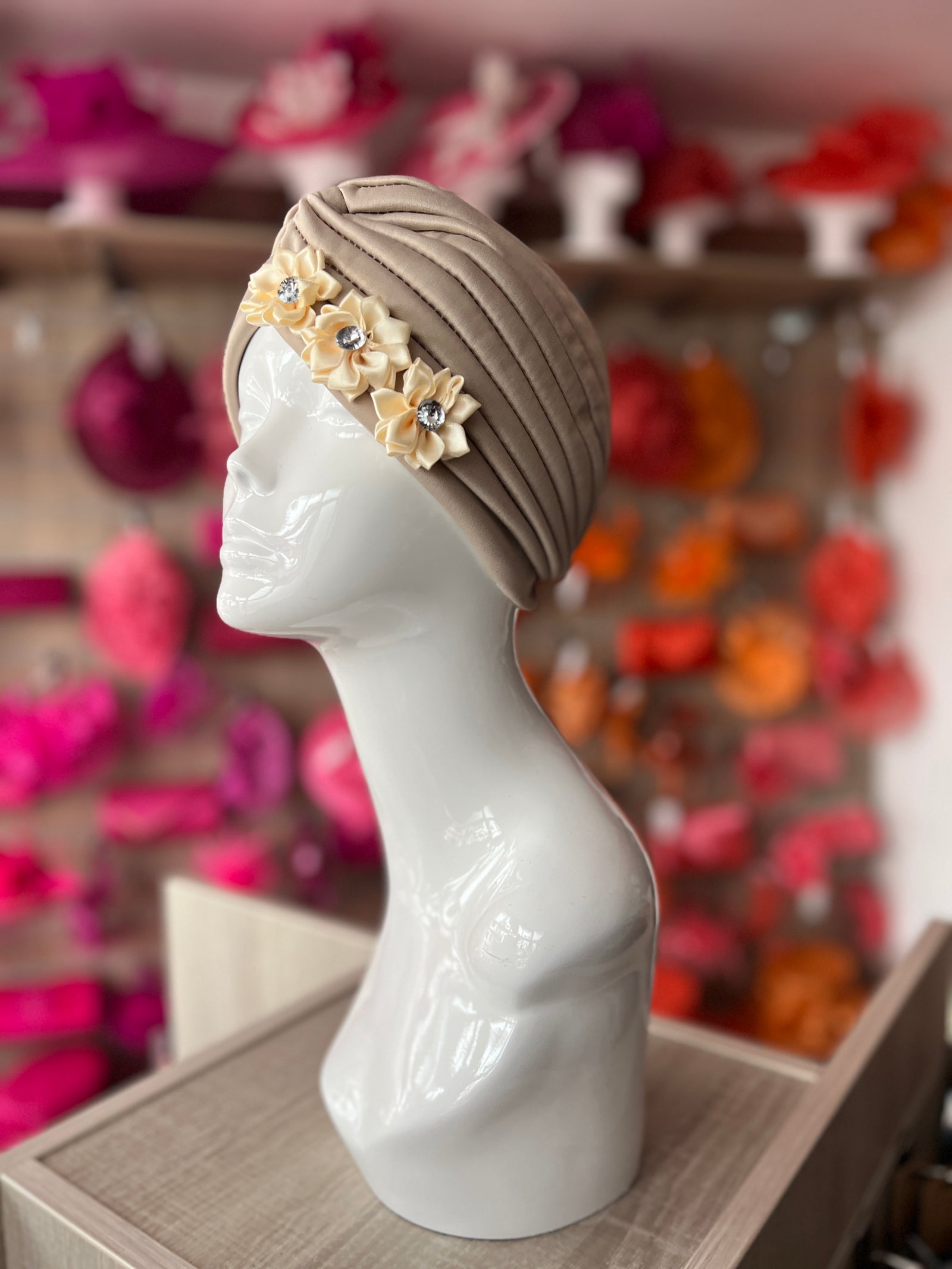 Beige Turban With 3 Embellished Flowers-Fascinators Direct