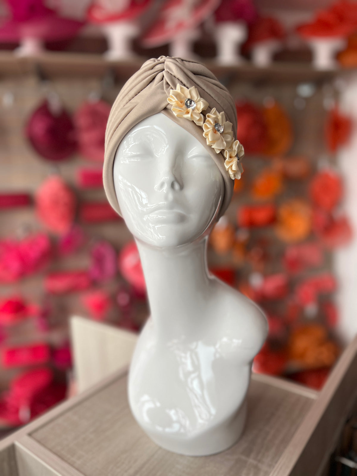 Beige Turban With 3 Embellished Flowers-Fascinators Direct